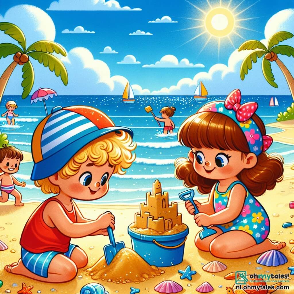 Illustratie van een mooi zonnig strand, met glinsterend goudkleurig zand onder de zon en zachte golven die op de kust aankomen. Op de achtergrond wiegen grote palmbomen zachtjes in de bries, en de lucht is een stralend blauw met enkele donzige witte wolken. Twee kinderen staan op de voorgrond: een vierjarig jongetje met krullend blond haar, in een rode zwembroek en een blauwe pet, dat zich vermaakt met het bouwen van een groot zandkasteel met een grote schep. Naast hem staat een vierjarig meisje met lang, steil bruin haar, in een kleurrijk bloemetjesbadpak, dat vrolijk glimlacht terwijl ze een emmer zand vult. De scène toont de twee kinderen geconcentreerd op hun bouwsel, hun gezichten verlicht door geluk en opwinding. Schelpen en kleine strandspeeltjes liggen verspreid om hen heen, wat een vleugje kleur en leven aan de illustratie toevoegt. Op de achtergrond zijn andere kinderen te zien die in het water spelen en gezinnen die genieten van de zonnige dag.