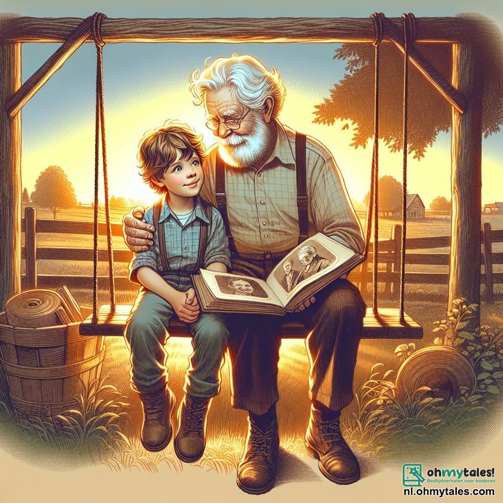 Une illustration sous forme de dessin destinée aux enfants représentant un paysage bucolique d'une ferme en été, avec un garçon de 11 ans aux cheveux bruns ébouriffés, assis sur une vieille balançoire en bois, les yeux remplis de mélancolie, tenant un scrapbook ouvert sur ses genoux, tandis qu'à côté de lui, un homme âgé avec une barbe blanche et un sourire bienveillant, portant une chemise à carreaux, l'observe avec tendresse, symbolisant les souvenirs d'un grand-père bien-aimé, alors qu'une douce lumière dorée du soleil couchant éclaire la scène, évoquant à la fois la tristesse de la perte et la beauté des souvenirs partagés.