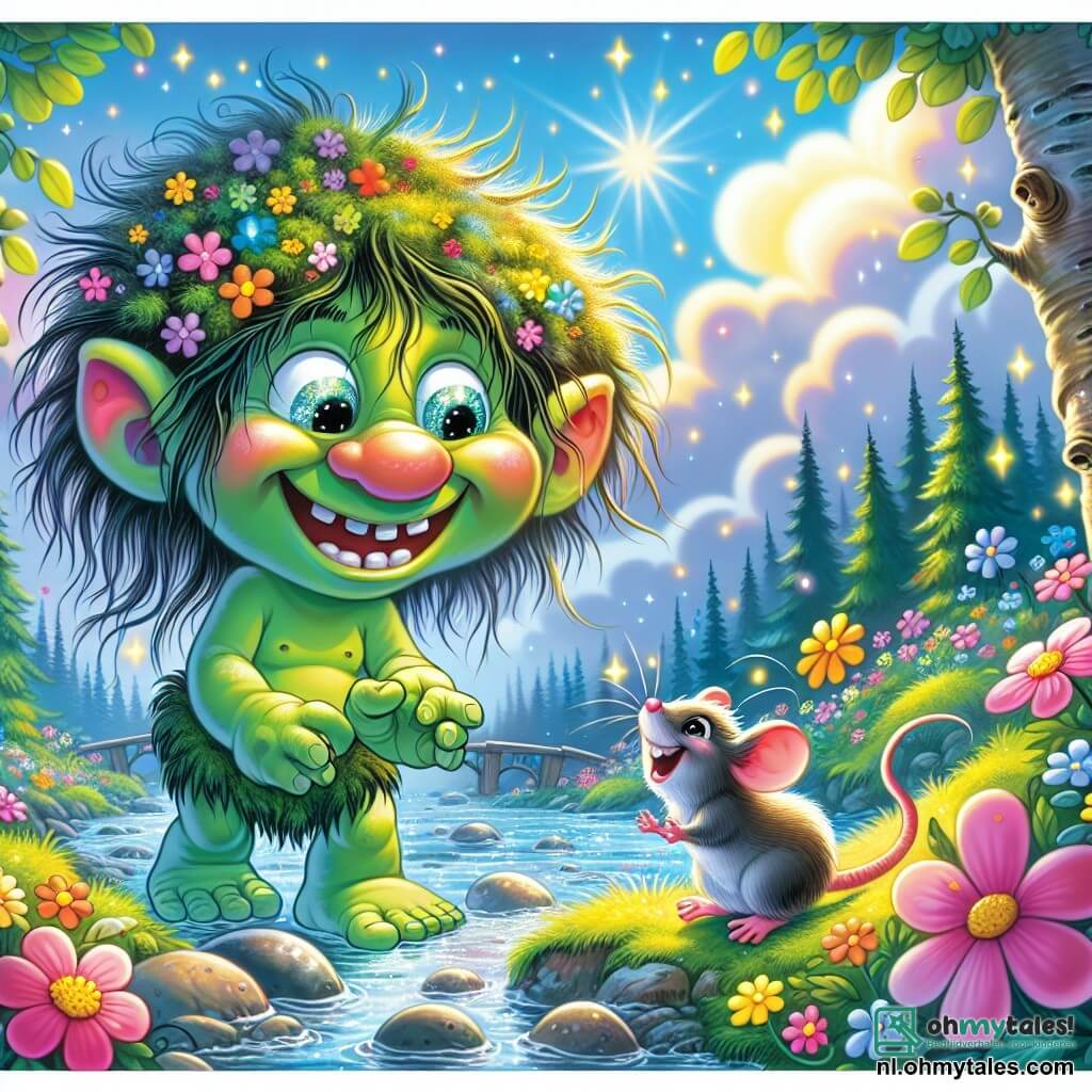 Une illustration destinée aux enfants représentant un troll espiègle aux yeux pétillants et à la peau d'un vert éclatant, avec des cheveux en désordre comme une touffe de mousse, se tenant joyeusement au bord d'une rivière scintillante au cœur d'une forêt enchantée, entouré de fleurs multicolores qui dansent au gré du vent, tandis qu'il tente de convaincre une petite souris malicieuse, au pelage doux et aux grandes oreilles curieuses, de l'aider à retrouver une mystérieuse et délicieuse tarte perdue, le tout sous un ciel bleu parsemé de nuages cotonneux, où le soleil brille comme un joyau, créant une ambiance magique et pleine de rires.