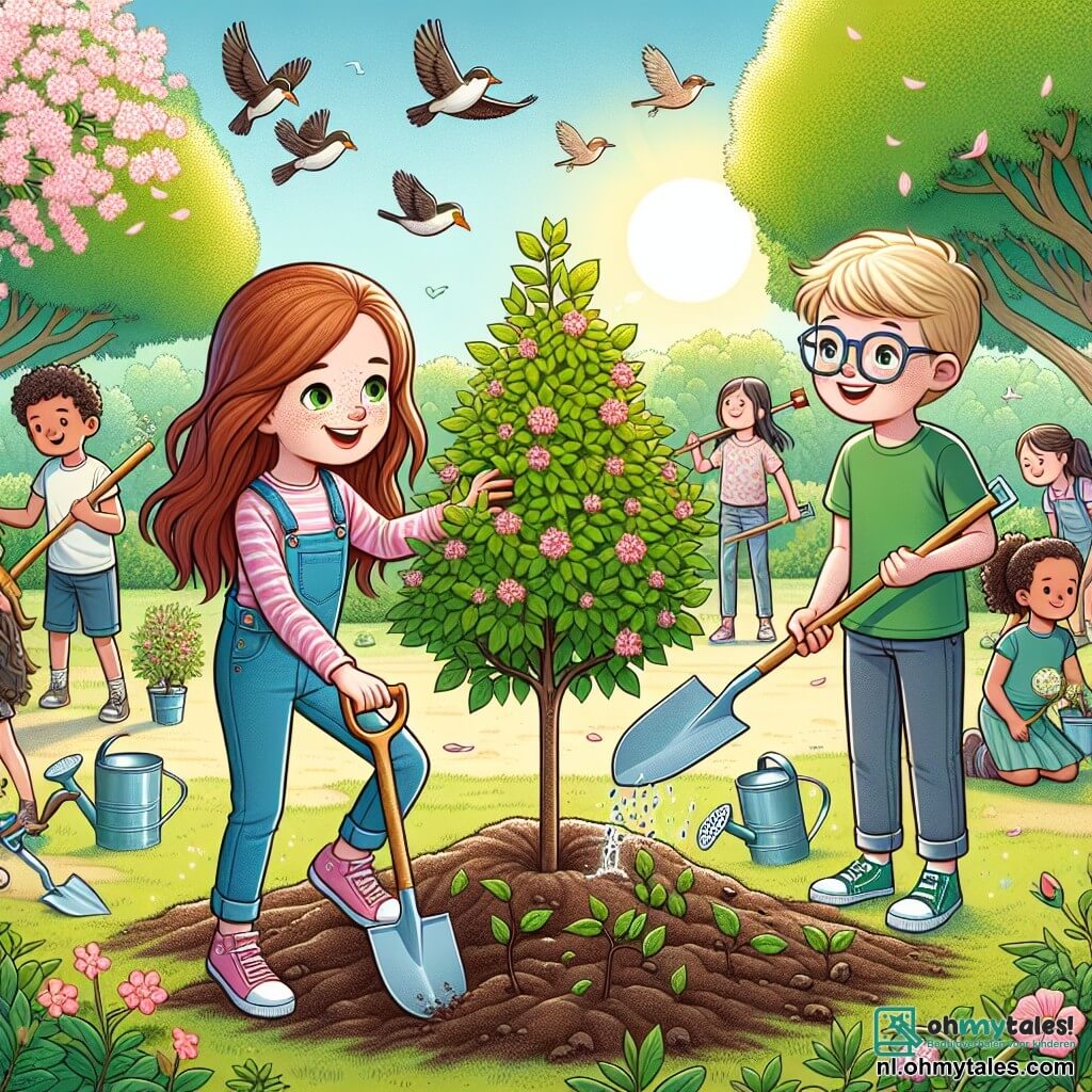 Une illustration sous forme de dessin destinée aux enfants représentant un parc verdoyant ensoleillé, avec des arbres en fleurs et des oiseaux chantant, où une fille de 11 ans aux longs cheveux châtains et aux yeux verts, souriante et pleine d'énergie, plante une jeune pousse avec l'aide de son ami, un garçon aux cheveux blonds et aux lunettes, tandis qu'un groupe d'enfants les entoure, tenant des pelles et des arrosoirs, tous engagés dans une action collective pour lutter contre le changement climatique et redonner vie à leur environnement.