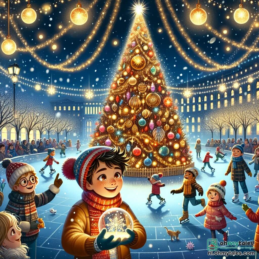 Illustratie van een magische kerstscène op een levendig plein. In het midden staat een enorme en schitterende kerstboom, versierd met gouden slingers en kleurrijke ballen, die de sterrennacht verlicht. Een 12-jarig jongetje met bruin haar en sprankelende ogen glimlacht vrolijk terwijl hij een kleine sneeuwbal in zijn handen houdt, verwonderd door de magie om hem heen. Naast hem staat een andere 12-jarige jongen met blond haar en door de kou roze wangen, die lacht terwijl hij naar een intens glinsterende kerstbal wijst. Op de achtergrond observeert een 11-jarig meisje met krullend haar en een rode muts gefascineerd de kinderen die op het ijs schaatsen, terwijl een andere 11-jarige jongen met een bril en een kersttrui aanwijzingen op een notitieboekje schrijft. De scène is gevuld met zacht vallende sneeuwvlokken, overal fonkelende lichten en blije gezinnen die rondwandelen, wat een feestelijke en warme sfeer creëert.