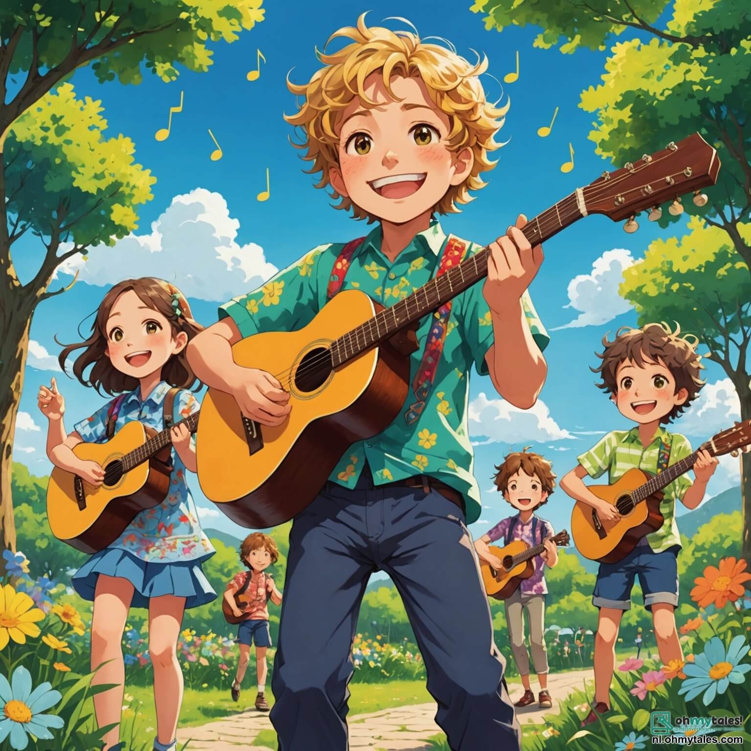 Une illustration destinée aux enfants représentant un homme au sourire éclatant, vêtu d'une chemise colorée ornée de notes de musique, jouant de sa guitare aux cordes dorées sous un ciel azur, entouré d'un groupe de trois enfants joyeux, deux garçons aux cheveux bouclés et une fille aux tresses, tous dans un parc verdoyant où les fleurs multicolores dansent au rythme de la brise légère, tandis qu'ils préparent un concert pour le village, remplis d'excitation et de rêves musicaux.