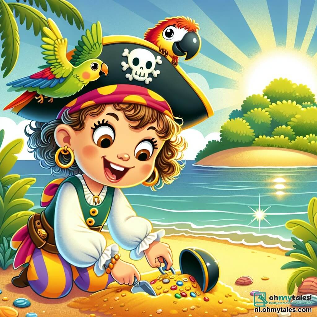 Une illustration sous forme de dessin destinée aux enfants représentant une plage ensoleillée avec un petit îlot verdoyant en arrière-plan, où une jeune femme pirate aux cheveux bouclés et à la tenue colorée, portant un grand chapeau orné de plumes, creuse avec enthousiasme dans le sable pour déterrer une vieille carte au trésor, tandis qu'un joyeux petit perroquet aux plumes éclatantes se perche sur son épaule, regardant avec curiosité le trésor caché, le tout baigné dans une atmosphère d'aventure et de mystère.
