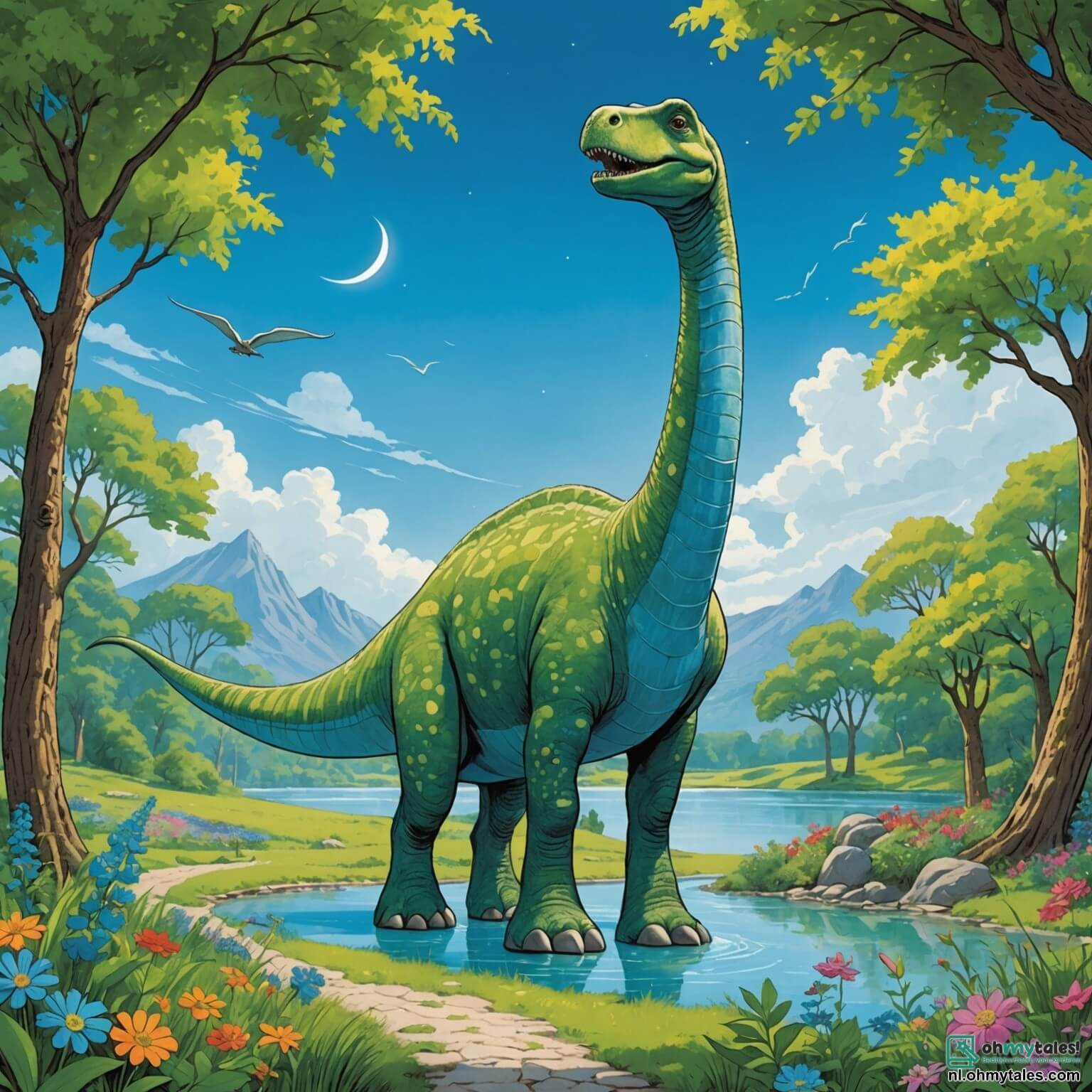 Une illustration destinée aux enfants représentant un majestueux diplodocus à la peau verte scintillante, avec une longue et gracieuse nuque s'étirant vers le ciel azur, se tenant fièrement au cœur de la Groène Vallee, un endroit enchanteur où des fleurs multicolores dansent au gré du vent, des arbres géants aux feuilles luxuriantes s'élèvent vers les cieux, et des rivières cristallines serpentent entre les rochers, tandis qu'il se prépare à vivre une aventure palpitante aux côtés de son amie pétillante, une triceratops pleine de vie, et d'un imposant mais amical tyrannosaure, tous unis par le désir de découvrir les mystères de leur monde préhistorique.