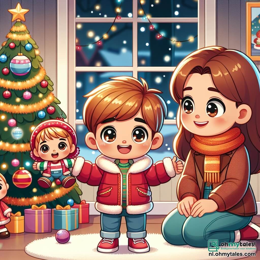 Une illustration sous forme de dessin destinée aux enfants représentant une chaleureuse salle de séjour décorée pour Noël, avec un garçon de 5 ans aux cheveux châtains et aux yeux pétillants, vêtu d'une épaisse veste rouge, qui s'agenouille joyeusement devant un grand sapin illuminé, entouré de guirlandes et de boules colorées, tandis qu'une femme souriante, sa mère, aux cheveux longs et bruns, l'observe avec tendresse, et une petite poupée à l'effigie du garçon est posée à côté de lui, symbolisant la magie de Noël et le bonheur partagé en famille.