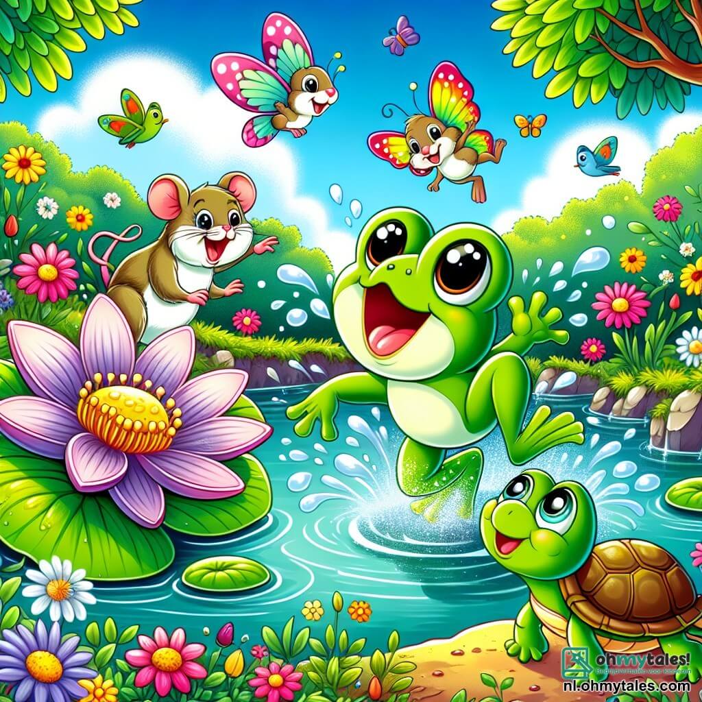 Illustratie van een vrolijke scène aan de rand van een sprankelend klein vijvertje, omringd door kleurrijke bloemen en grote groene bladeren. In het midden springt een kikker met glanzende, ronde ogen, met een groene en glanzende huid, enthousiast op een grote waterlelie, terwijl ze kleine waterdruppels om zich heen spettert. Dichtbij zijn er twee nevenpersonages: een klein muisje met grote oren, met een lichtbruine vacht, dat lacht terwijl het naar de kikker kijkt, en een schildpad met een groene en bruine schild, die zachtjes glimlacht terwijl hij langzaam over de grond beweegt. De hoofdactie toont de kikker in volle vaart, klaar om over een plas modder te springen, terwijl de andere dieren haar aanmoedigen met blije gezichten. Op de achtergrond zingen vogels in de bomen en vliegen kleurrijke vlinders rond, wat een vleugje magie toevoegt aan deze levendige en vriendelijke scène.