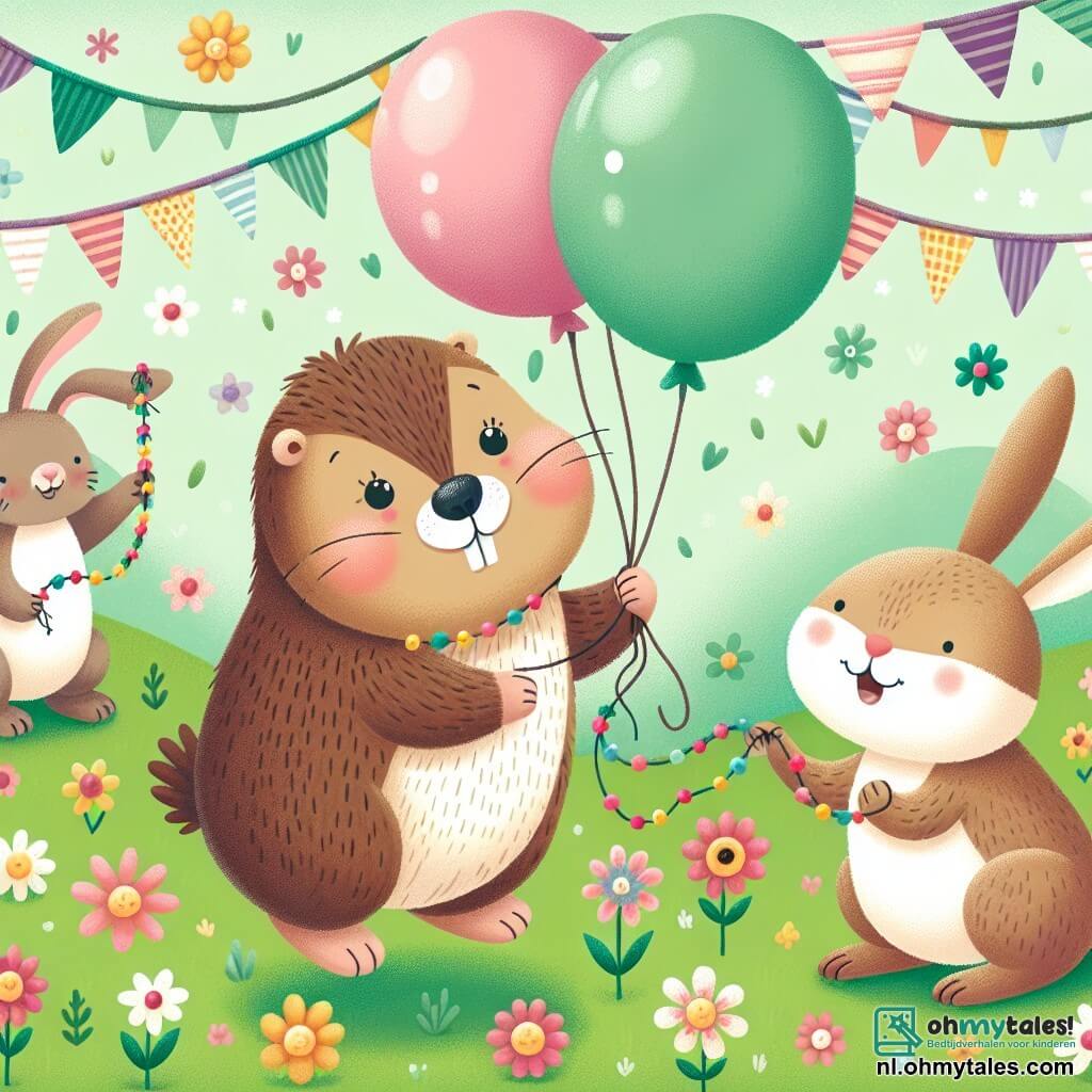 Une illustration sous forme de dessin destinée aux enfants représentant un joyeux champ verdoyant parsemé de fleurs colorées, avec une petite marmotte au pelage brun et aux yeux pétillants, sautillant de joie en tenant des ballons multicolores, tandis qu'un adorable lapin aux grandes oreilles blanches et au sourire éclatant s'affaire à accrocher des guirlandes de fleurs, le tout évoquant une ambiance festive et amicale pour un grand "knuffelfeest" (fête des câlins) entouré d'autres animaux curieux et joyeux.