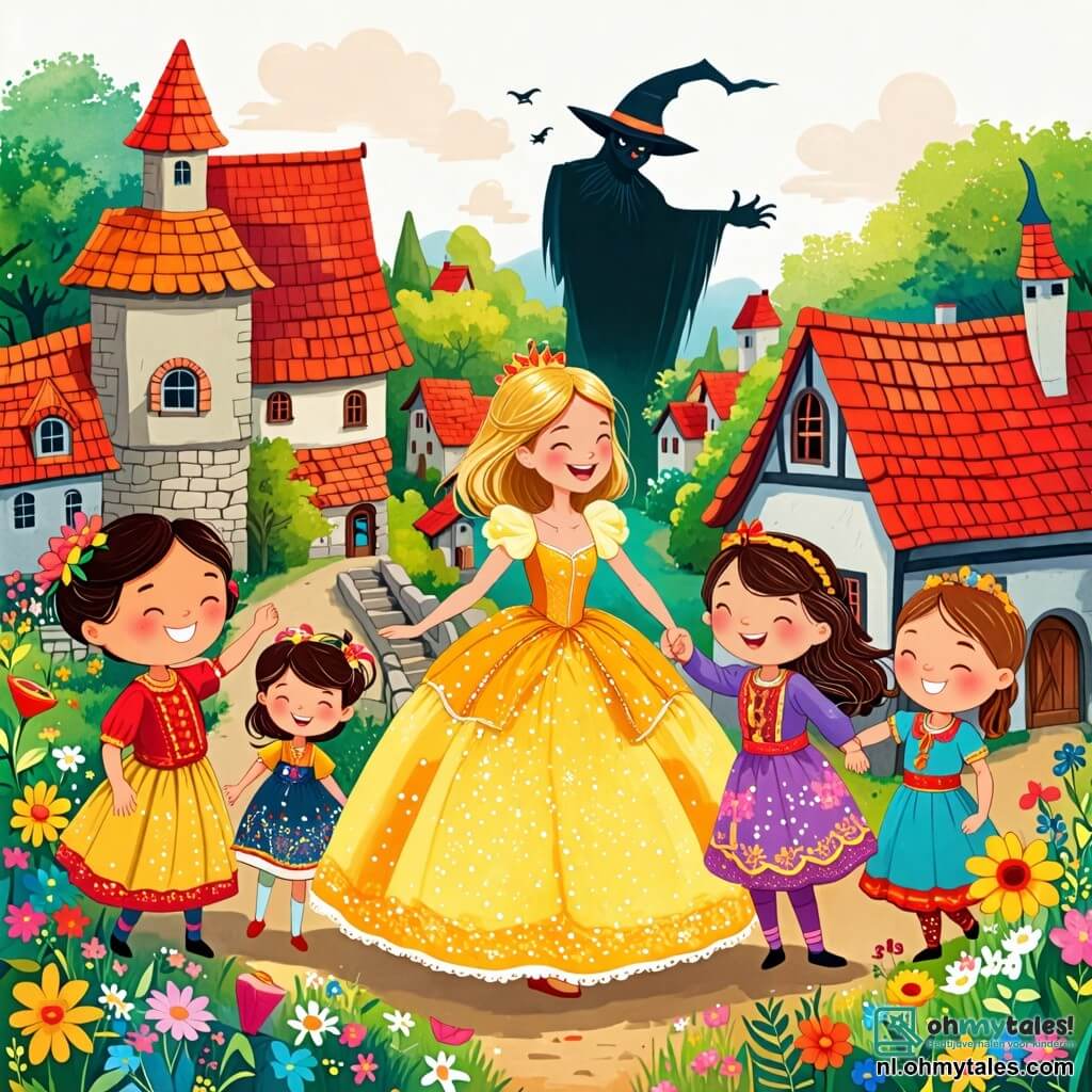 Une illustration sous forme de dessin destinée aux enfants représentant un village coloré avec des maisons aux toits en tuiles rouges et des fleurs éclatantes, où une princesse aux cheveux dorés, vêtue d'une robe scintillante de couleurs pastel, danse joyeusement au milieu des villageois qui, souriants et habillés de vêtements traditionnels, se tiennent par la main, tandis qu'une ombre menaçante se profile au loin, symbolisant le méchant sorcier qui tente d'interrompre leur bonheur.