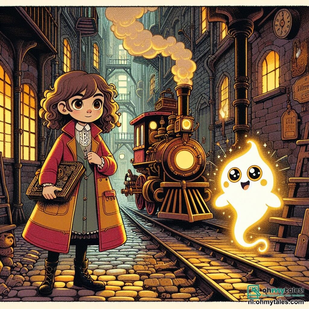 Une illustration sous forme de dessin destinée aux enfants représentant une rue étroite et mystérieuse d'une ville victorienne, où une fille de 11 ans aux cheveux bouclés et bruns, portant un manteau coloré et tenant un vieux livre magique, se tient devant une grande machine à vapeur en train de s'activer, tandis qu'un petit esprit lumineux, ressemblant à une boule de lumière avec des yeux pétillants, flotte à ses côtés, prêt à l'aider dans sa quête pour libérer un ami emprisonné dans la machine, le tout baigné dans une atmosphère de magie et d'aventure.