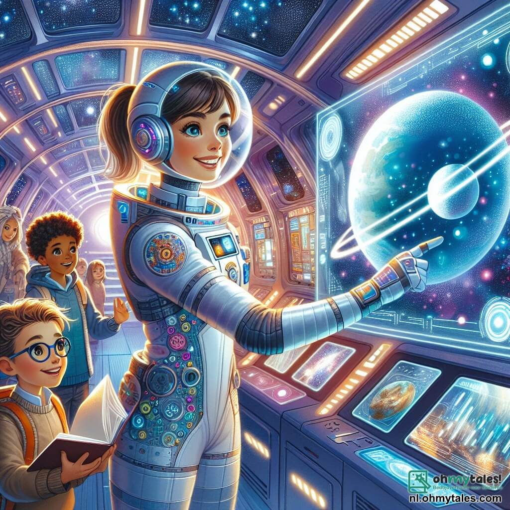 Illustratie van een boeiende scène binnen een futuristisch ruimteschip, met glanzende metalen muren en holografische schermen die gegevens over een nieuwe planeet weergeven. Het zachte licht van de sterren filtert door de vensters, wat een magische sfeer creëert. De hoofdpersoon is een vrouwelijke astronaut met bruin haar in een paardenstaart, gekleed in een witte ruimtepak met kleurrijke patronen. Ze staat rechtop, met sprankelende ogen van opwinding, terwijl ze wijst naar een holografisch scherm dat een afbeelding van de planeet Astra Novus toont, een blauwe bol omringd door glinsterende ringen. Tussen de nevenpersonages is er een jongen van ongeveer 10 jaar met een bril en rommelig kastanjebruin haar, die verwonderd kijkt en een klein model van een ruimteschip in zijn handen houdt. Naast hem staat een 9-jarig meisje met vlechten en een stralende glimlach, dat aantekeningen maakt in een notitieboekje terwijl ze naar het scherm kijkt. De hoofdactie toont de astronaut die haar ontdekking deelt met de kinderen en haar passie voor ruimteverkenning overbrengt. Op de achtergrond schitteren de sterren fel en drijven illustraties van planeten en ruimteschepen rond, wat een gevoel van avontuur en dromen aan de scène toevoegt.