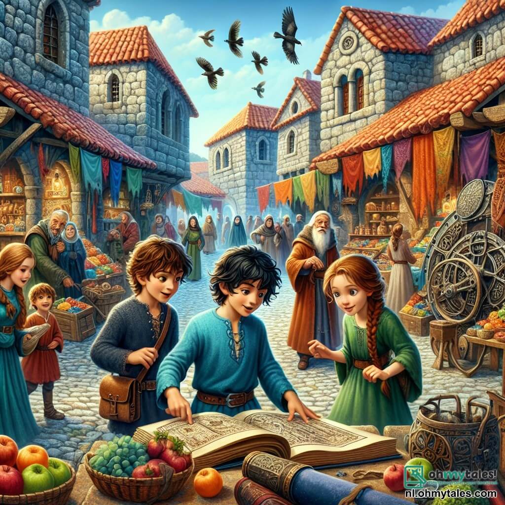 Illustratie van een levendige scène in een oude middeleeuwse stad. De geplaveide straatjes zijn omzoomd met stenen huizen met rode tegeldaken, en kleurrijke marktkramen staan vol met fruit, stoffen en aardewerk. In het midden staan vier jonge vrienden, drie jongens en een meisje, verwonderd over hun ontdekking. De eerste jongen, ongeveer 11 jaar oud, heeft rommelig kastanjebruin haar en draagt een blauwe tuniek. Hij wijst naar een oud boek dat open op een tafel ligt, zijn ogen stralen nieuwsgierigheid uit. De tweede jongen, ook 11 jaar, heeft blond haar en ronde brillen, hij houdt een perkament met oude inscripties vast, geconcentreerd kijkend. Het meisje, ongeveer 11 jaar, heeft lange gevlochten bruine haren en draagt een groene jurk, ze glimlacht terwijl ze naar een mysterieuze kaart kijkt. De laatste jongen, met zwart, krullend haar, leunt over een vreemde metalen machine, gefascineerd door de knipperende lichten. Op de achtergrond observeert een oude wijze met een lange witte baard de scène, met een welwillende glimlach op zijn gezicht. Vogels vliegen in de blauwe lucht, wat een levendige toets aan dit avontuur toevoegt. De sfeer is doordrenkt van magie en mysterie, wat de essentie van een tijdreis vastlegt.
