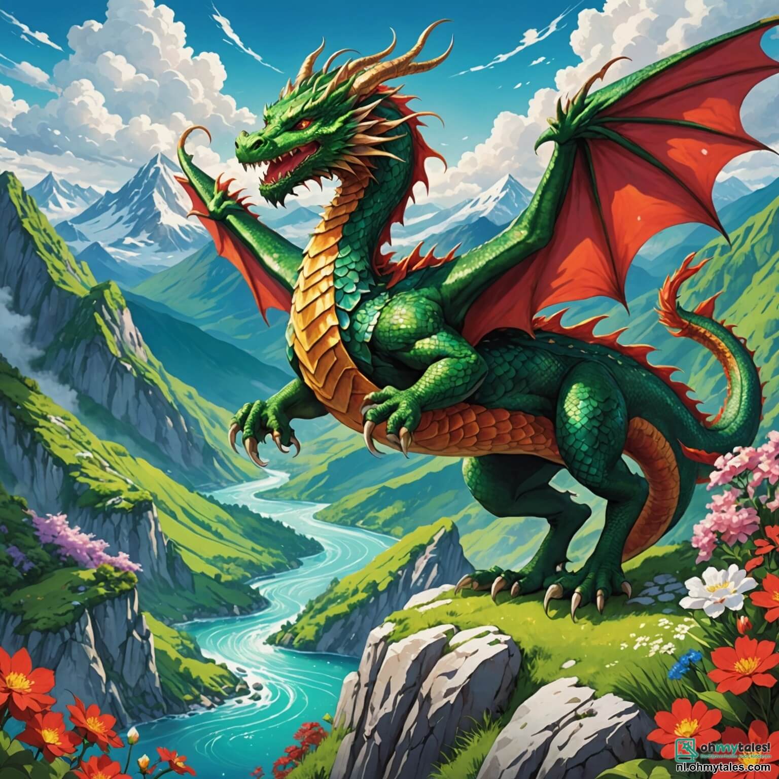 Une illustration destinée aux enfants représentant un majestueux dragon aux écailles scintillantes comme des émeraudes, ses yeux flamboyants d'un rouge ardent, perché sur le sommet d'une montagne aux crêtes enneigées, entouré de nuages cotonneux qui dansent au gré du vent, tandis qu'en contrebas, une vallée verdoyante s'étend, parsemée de fleurs multicolores et de rivières scintillantes, où un jeune garçon au cœur vaillant, vêtu d'une tunique verte, et une petite fille aux ailes délicates et dorées, pleine de curiosité, se lancent dans une quête audacieuse pour découvrir le secret de l'amitié entre les créatures fantastiques et les habitants de leur village, tout en affrontant les peurs et les légendes qui entourent leur monde enchanteur.