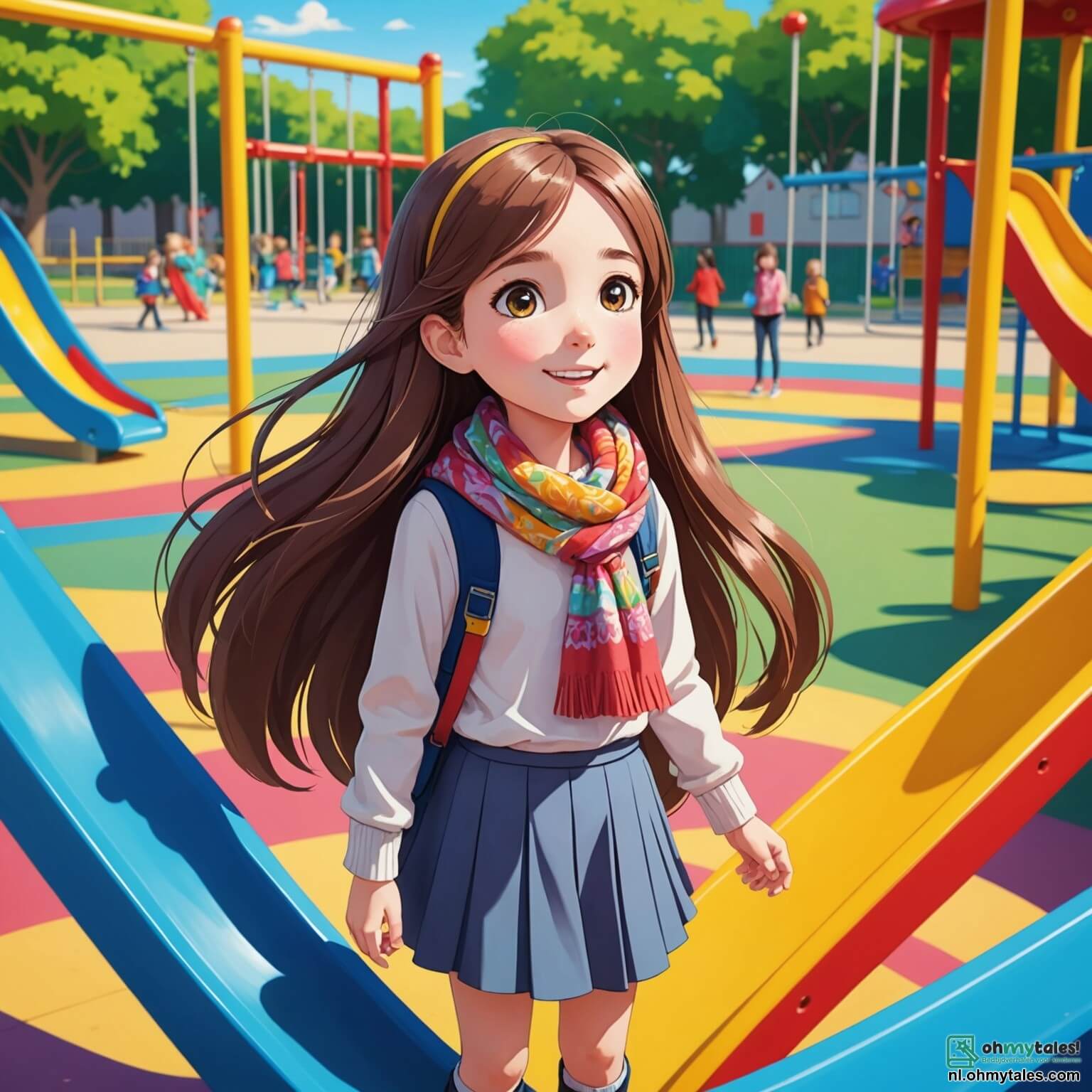 Une illustration destinée aux enfants représentant une petite fille aux longs cheveux bruns, rayonnante de curiosité et de gentillesse, se tenant sur un terrain de jeu coloré d'une école ensoleillée, entourée de balançoires vibrantes et de toboggans multicolores, alors qu'elle fait face à une autre petite fille, d'origine différente, qui, avec un regard timide et un joli foulard coloré, semble hésiter à se joindre aux rires des autres enfants, tandis qu'en arrière-plan, des groupes d'enfants jouent à la balle et s'amusent, ignorant les murmures désobligeants d'un groupe de garçons plus âgés qui se moquent de la différence, créant ainsi un tableau vibrant mais poignant de l'innocence de l'enfance confrontée à la dure réalité du racisme.