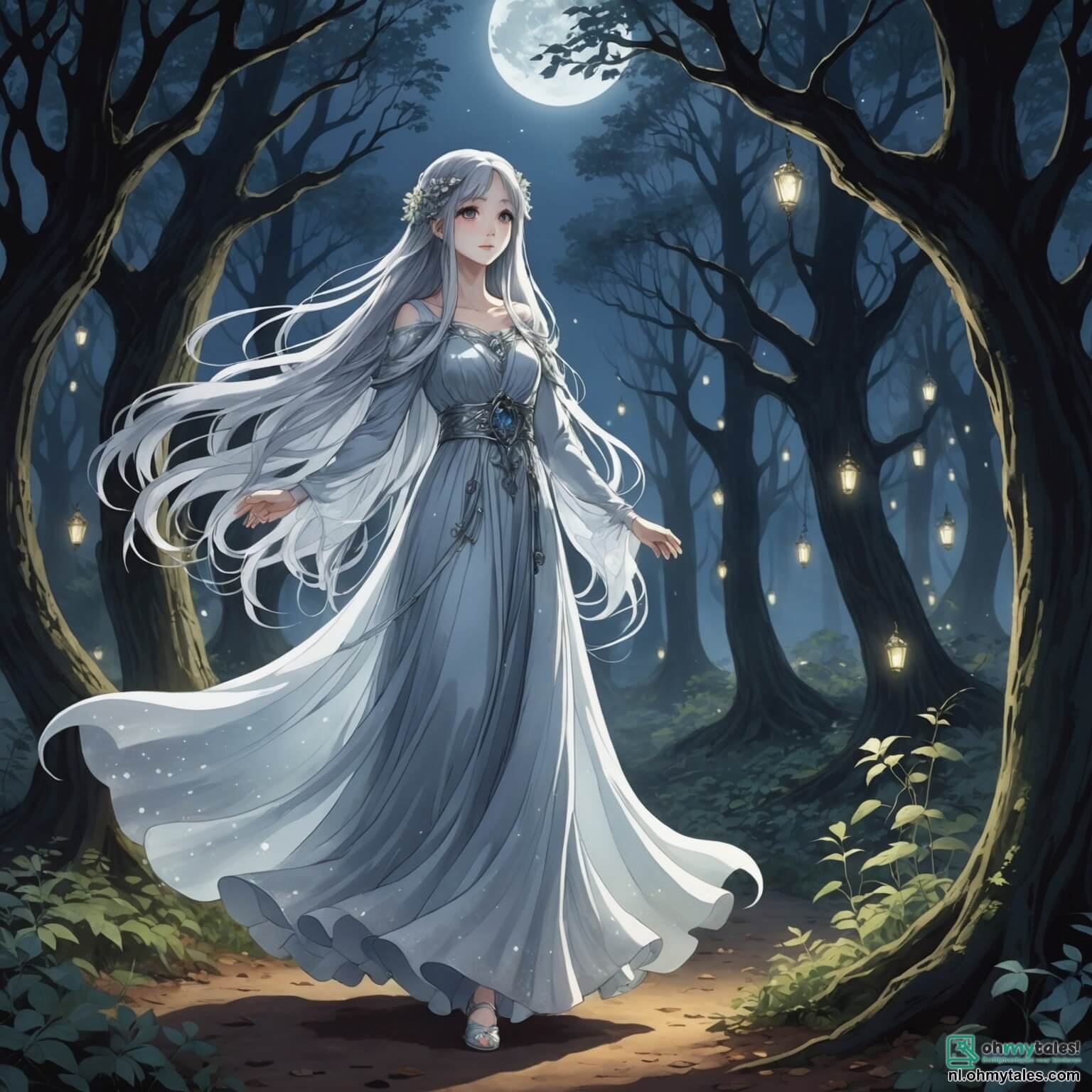Une illustration destinée aux enfants représentant une jeune fille fantôme aux longs cheveux flottants comme des filaments d'argent, vêtue d'une robe diaphane qui scintille sous la lumière de la lune, errant dans une forêt enchantée où les arbres aux troncs noueux s'entrelacent comme des bras protecteurs, leurs feuilles brillantes murmurant des secrets anciens, tandis qu'elle cherche à retrouver son ami, un courageux petit garçon aux yeux pétillants de curiosité, qui s'est aventuré dans ce royaume mystérieux pour découvrir les merveilles cachées et les créatures fantastiques qui peuplent cet endroit magique, où des lucioles dansent dans l'air comme des étoiles tombées, illuminant le sentier sinueux qui mène à un vieux château en ruines, enveloppé de lierre et de légendes oubliées.