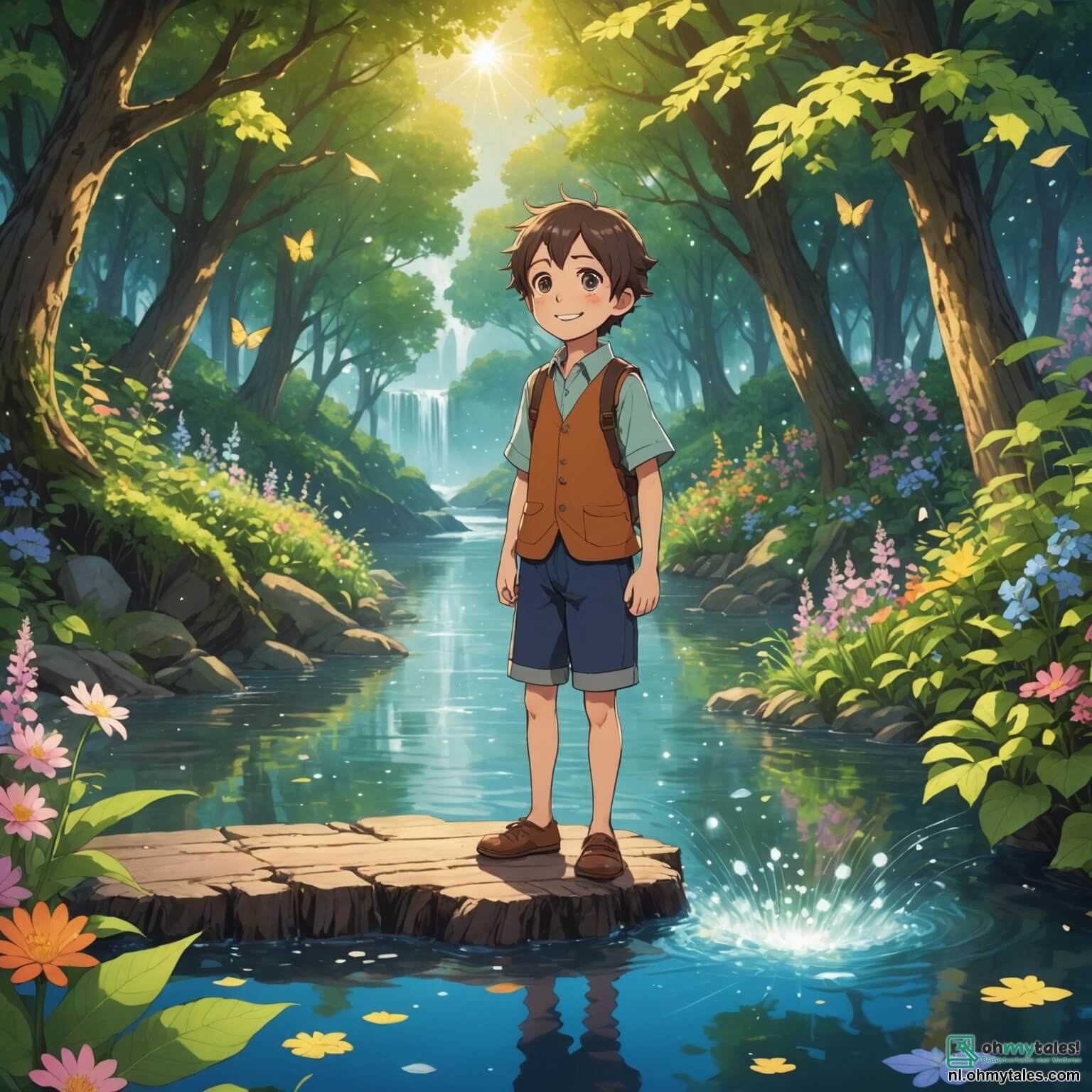 Une illustration destinée aux enfants représentant un jeune garçon en bois aux yeux pétillants et au sourire malicieux, dont le nez s'allonge parfois lorsqu'il raconte des histoires, se tenant courageusement au bord d'une rivière scintillante, entouré de fleurs colorées et de grands arbres aux feuilles dansantes, tandis qu'une fée lumineuse, délicate et bienveillante, flotte à ses côtés, prête à l'aider dans sa quête pour sauver son village d'une pollution menaçante, où des animaux aux regards tristes, comme une vieille tortue sage et des oiseaux aux plumes ternies, attendent avec espoir qu'il trouve le courage de rassembler les habitants pour restaurer la beauté de leur environnement.