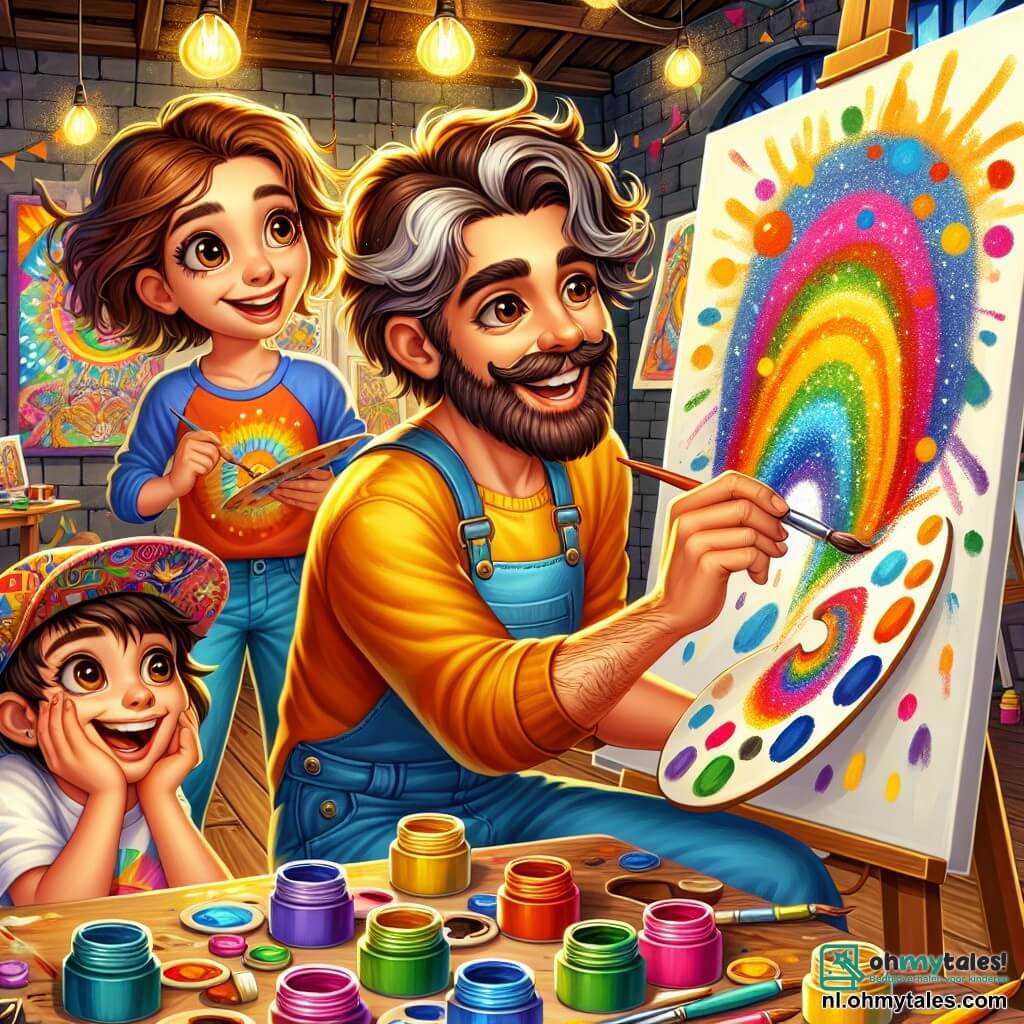 Une illustration sous forme de dessin destinée aux enfants représentant un atelier coloré rempli de pots de peinture éclatants et de toiles accrochées aux murs, où un homme aux cheveux bouclés et à la barbe soignée, vêtu d'une chemise éclatante, est en train de peindre une magnifique pluie de couleurs sur une toile, tandis qu'une fille aux cheveux bruns et aux yeux pétillants, souriante, observe avec émerveillement, et un garçon énergique portant une casquette et des t-shirts colorés s'active à mélanger des couleurs sur sa palette, tous trois plongés dans un moment de créativité joyeuse et d'amitié artistique.