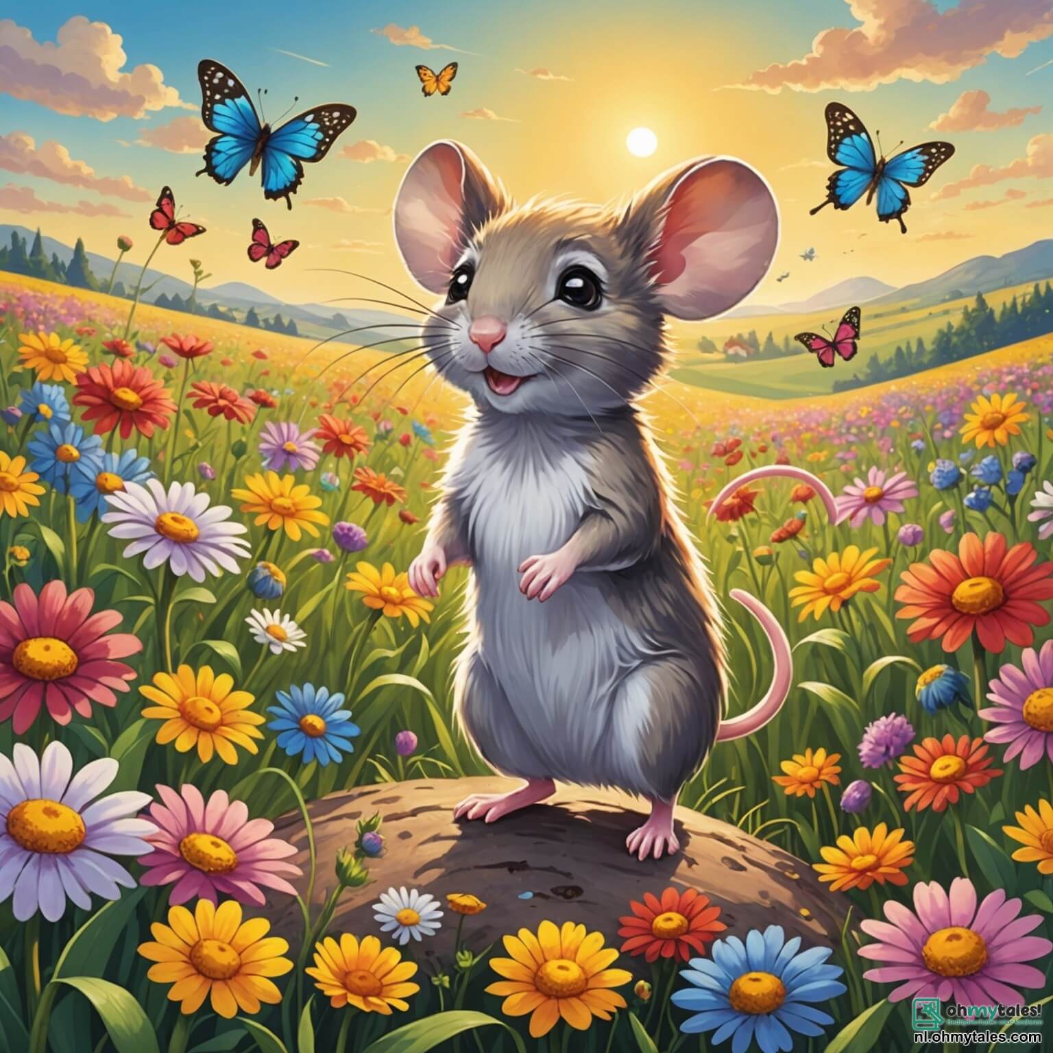 Une illustration destinée aux enfants représentant une petite souris au pelage doux et soyeux, aux yeux pétillants de curiosité et d'audace, se tenant fièrement devant un vaste champ de fleurs colorées, où le soleil brille de mille feux et où les papillons dansent joyeusement autour d'elle, alors qu'elle s'apprête à partir à l'aventure avec ses deux frères et sœurs, une souris au cœur tendre et une autre pleine de bravoure, tous trois déterminés à explorer les mystères d'une forêt enchantée, bordée d'arbres majestueux aux troncs noueux et aux feuilles bruissantes, où les chants des oiseaux résonnent comme une douce mélodie et où chaque ombre cache des secrets fascinants à découvrir.