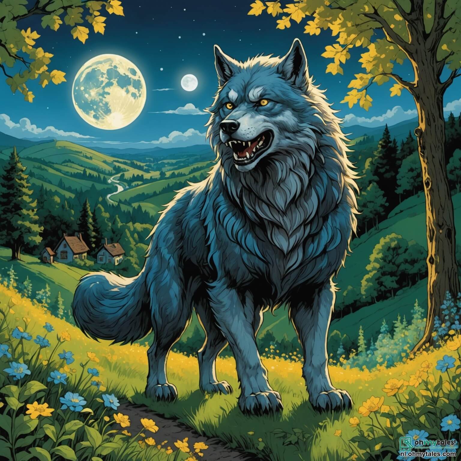 Une illustration destinée aux enfants représentant un loup-garou majestueux, avec une fourrure argentée scintillante sous la lumière de la pleine lune, des yeux perçants d'un bleu profond, se tenant au sommet d'une colline verdoyante, entouré de fleurs luminescentes et de grands arbres aux feuilles dorées, tandis qu'il observe avec une expression à la fois mélancolique et déterminée le village paisible en contrebas, où vivent des enfants curieux, dont une petite fille aux cheveux bouclés et un garçon intrépide au sourire espiègle, tous deux fascinés par les légendes de créatures fantastiques qui peuplent la forêt enchantée, alors que le loup-garou, en quête de rédemption et d'acceptation, se prépare à affronter ses peurs et à prouver que même les êtres les plus redoutés peuvent avoir un cœur tendre.