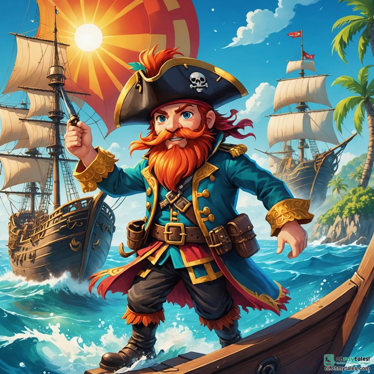 Une illustration destinée aux enfants représentant un intrépide capitaine à la barbe flamboyante, vêtu d'une flamboyante tenue de pirate ornée de plumes colorées, naviguant sur son majestueux vaisseau, la "Zonneschijn", à travers des eaux turquoise scintillantes sous un soleil éclatant, tandis qu'il se lance dans une quête palpitante pour dénicher une légendaire carte au trésor, entouré de sa loyale et joyeuse équipe de pirates, dont un jeune matelot courageux aux yeux pétillants de curiosité et une robuste pirate au sourire espiègle, tous évoluant sur un îlot mystérieux, parsemé de palmiers dansants, de rochers recouverts de mousse et de fleurs colorées, où le doux parfum de l'aventure flotte dans l'air.