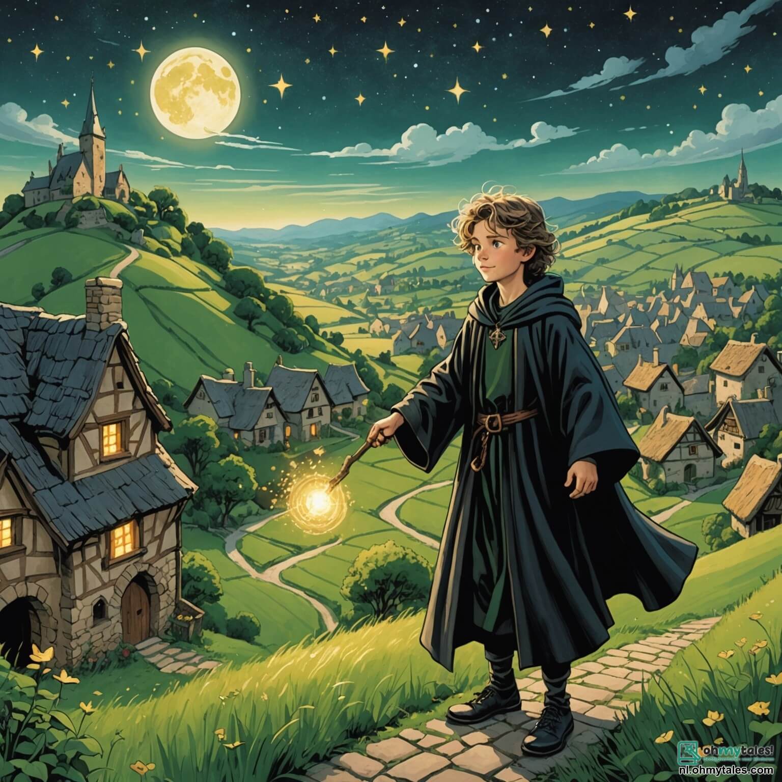 Une illustration destinée aux enfants représentant un jeune sorcier aux cheveux ébouriffés et aux yeux pétillants de curiosité, vêtu d'une robe noire ornée d'étoiles scintillantes, se tenant au sommet d'une colline verdoyante surplombant un village pittoresque aux maisons en pierre aux toits de chaume, tandis qu'il s'apprête à lancer un sort pour sauver ses amis, une courageuse sorcière aux cheveux longs et dorés, qui manie la magie avec grâce, et un dragon espiègle aux écailles émeraude, tous deux prêts à l'aider dans sa quête pour déjouer les plans d'un sorcier maléfique qui menace de plonger leur monde enchanteur dans les ténèbres, le tout sous un ciel étoilé où la lune brille comme un phare d'espoir.