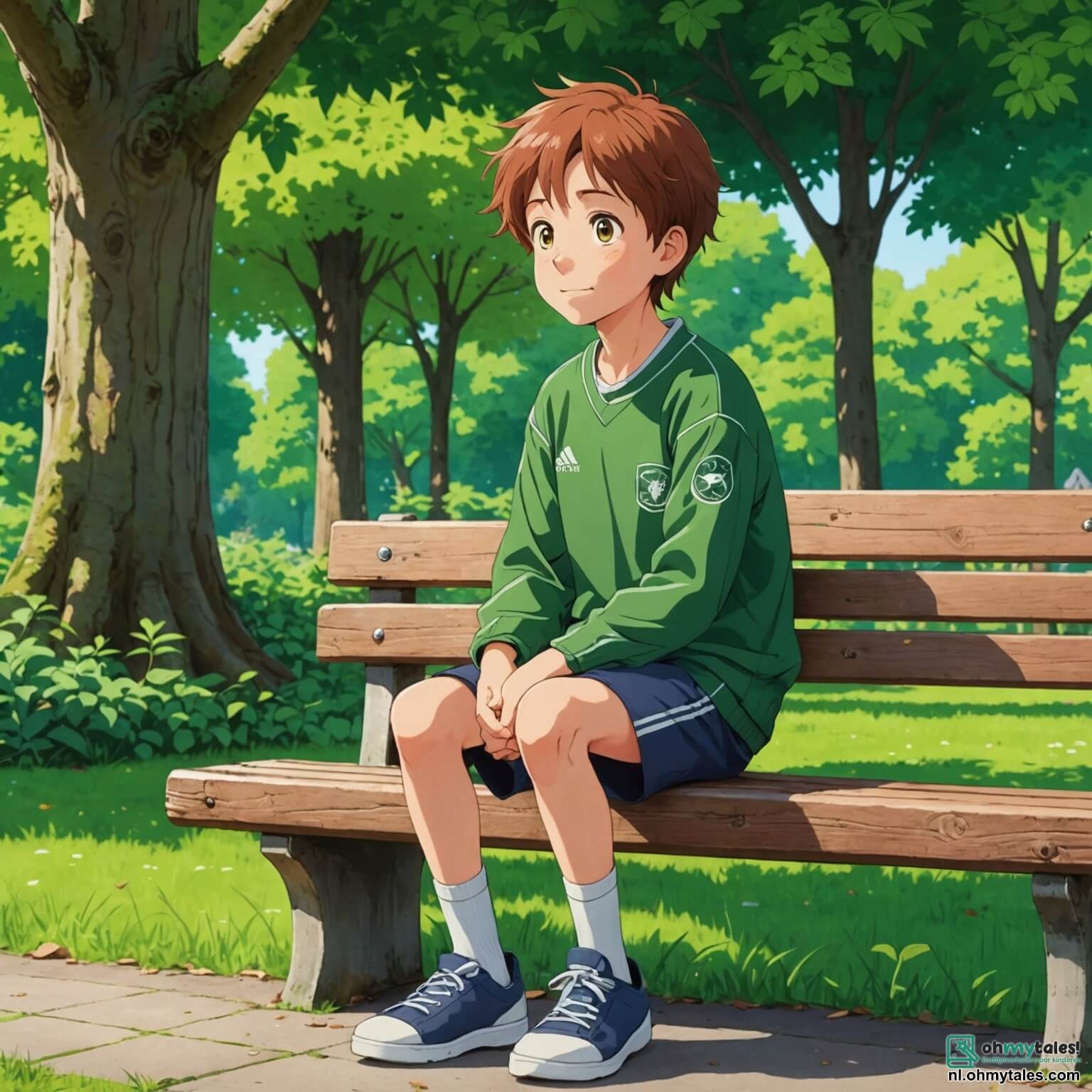 Une illustration destinée aux enfants représentant un garçon aux cheveux châtains, au regard curieux et aux sourcils froncés, assis sur un banc en bois dans un parc verdoyant, entouré de grands arbres aux feuilles d'un vert éclatant, tandis qu'il observe avec mélancolie les rires de ses camarades de classe jouant au football, son cœur lourd de tristesse à cause de la séparation de ses parents, une mère douce et attentionnée, aux yeux brillants de compassion, qui tente de lui apporter du réconfort, et un père jovial, au sourire chaleureux, qui lui propose des moments de joie malgré la distance, le tout se déroulant dans un cadre ensoleillé où les fleurs colorées dansent au gré du vent, symbolisant l'espoir et le renouveau au milieu des bouleversements de la vie.