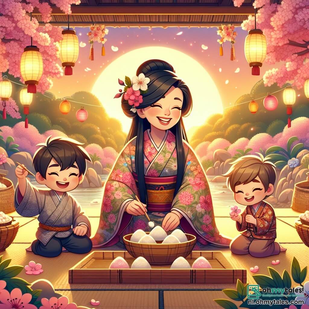 Une illustration sous forme de dessin destinée aux enfants représentant une magnifique jardin japonais en pleine floraison, avec des cerisiers en fleurs et des lanternes colorées illuminant l'espace, où une femme d'âge moyen aux cheveux longs et noirs, vêtue d'un kimono traditionnel aux motifs floraux, sourit joyeusement en préparant des mochis, entourée de deux enfants : un garçon aux cheveux bruns et une fille aux cheveux blonds, tous deux riant et jouant avec des fleurs dans les mains, tandis qu'une douce lumière dorée du soleil couchant baigne la scène d'une atmosphère magique et chaleureuse.