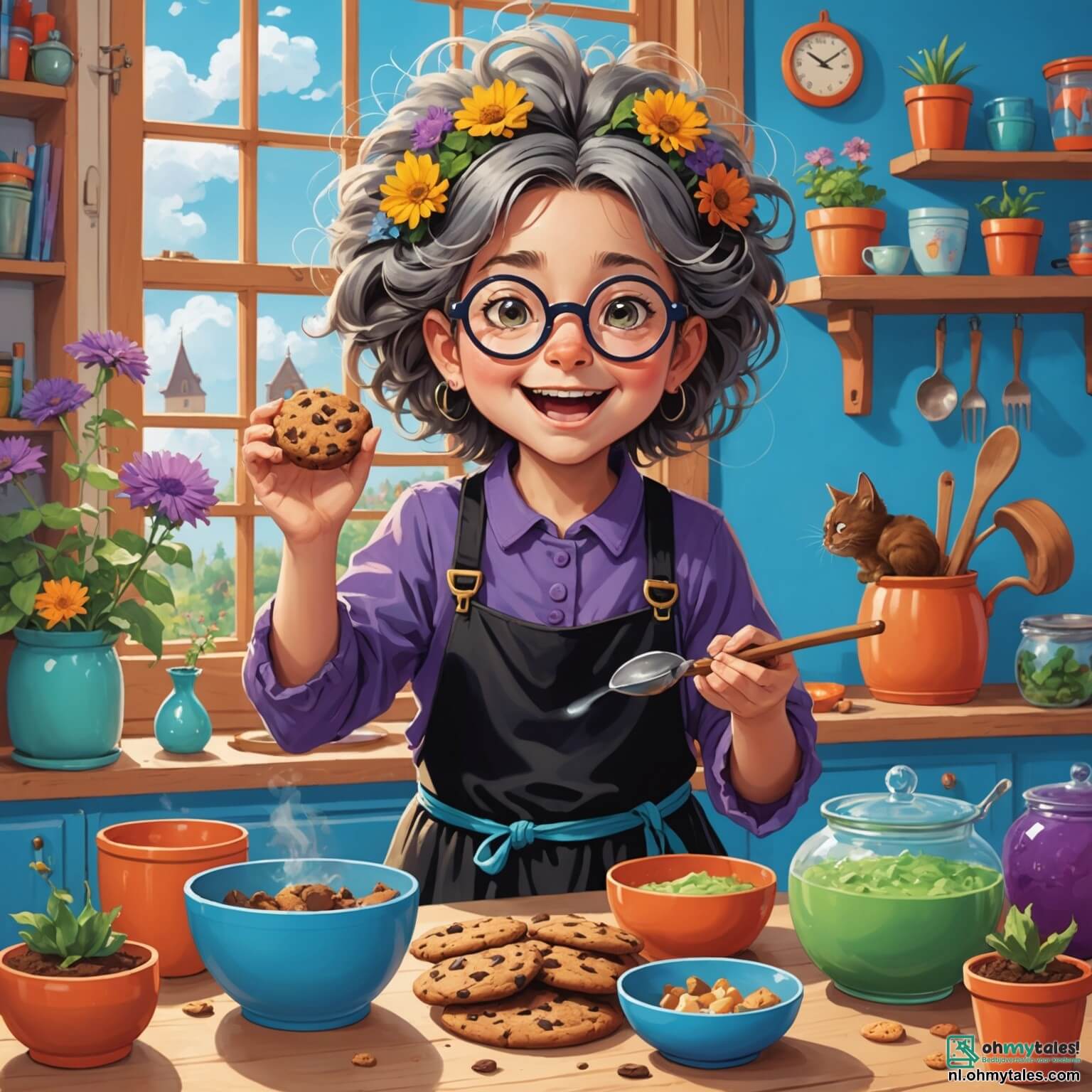 Une illustration destinée aux enfants représentant une apprentie sorcière aux cheveux en désordre et à la grande paire de lunettes rondes, pleine d'enthousiasme et de curiosité, se tenant dans sa cuisine colorée aux murs peints de bleu ciel, ornée de pots de fleurs multicolores sur le rebord de la fenêtre, où elle tente de concocter une potion magique pour créer des amis parfumés aux cookies, entourée de son chat gris et ronchon, un garçon au sourire malicieux, et des elfes aux couleurs vives, tous prêts à l'aider dans cette aventure ensorcelante et amusante qui promet des rires et des surprises.
