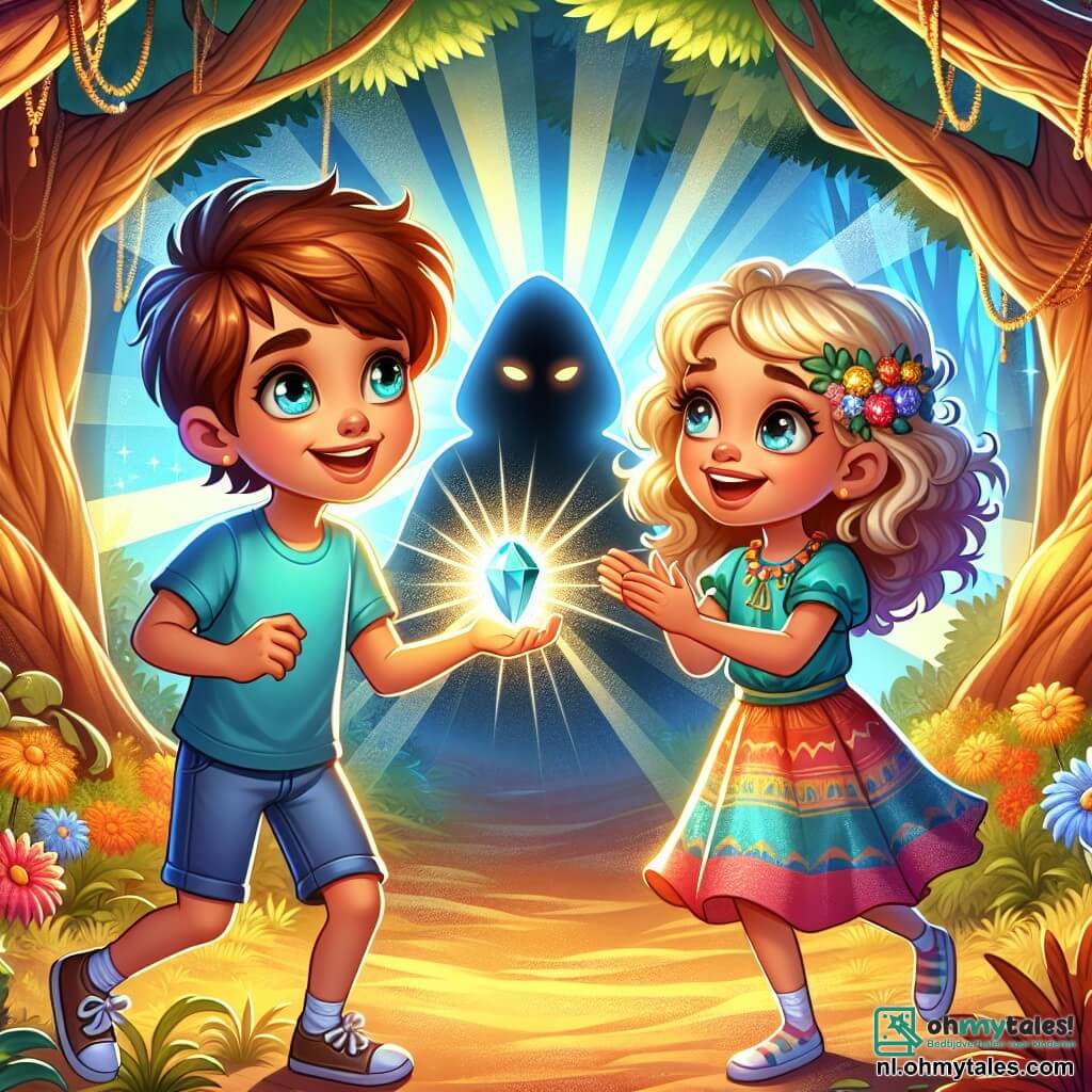 Une illustration sous forme de dessin destinée aux enfants représentant une forêt enchantée, avec des arbres majestueux aux feuilles dorées et des rayons de soleil filtrant à travers le feuillage, où un garçon de 11 ans aux cheveux châtains et aux yeux pétillants, portant un t-shirt bleu et un short, tient une pierre magique lumineuse dans ses mains, tandis qu'une petite fille aux boucles dorées et à la robe colorée, souriante et pleine d'énergie, l'encourage à affronter une ombre menaçante qui se profile derrière eux, symbolisant leur combat contre le mal pour sauver le royaume de la magie.