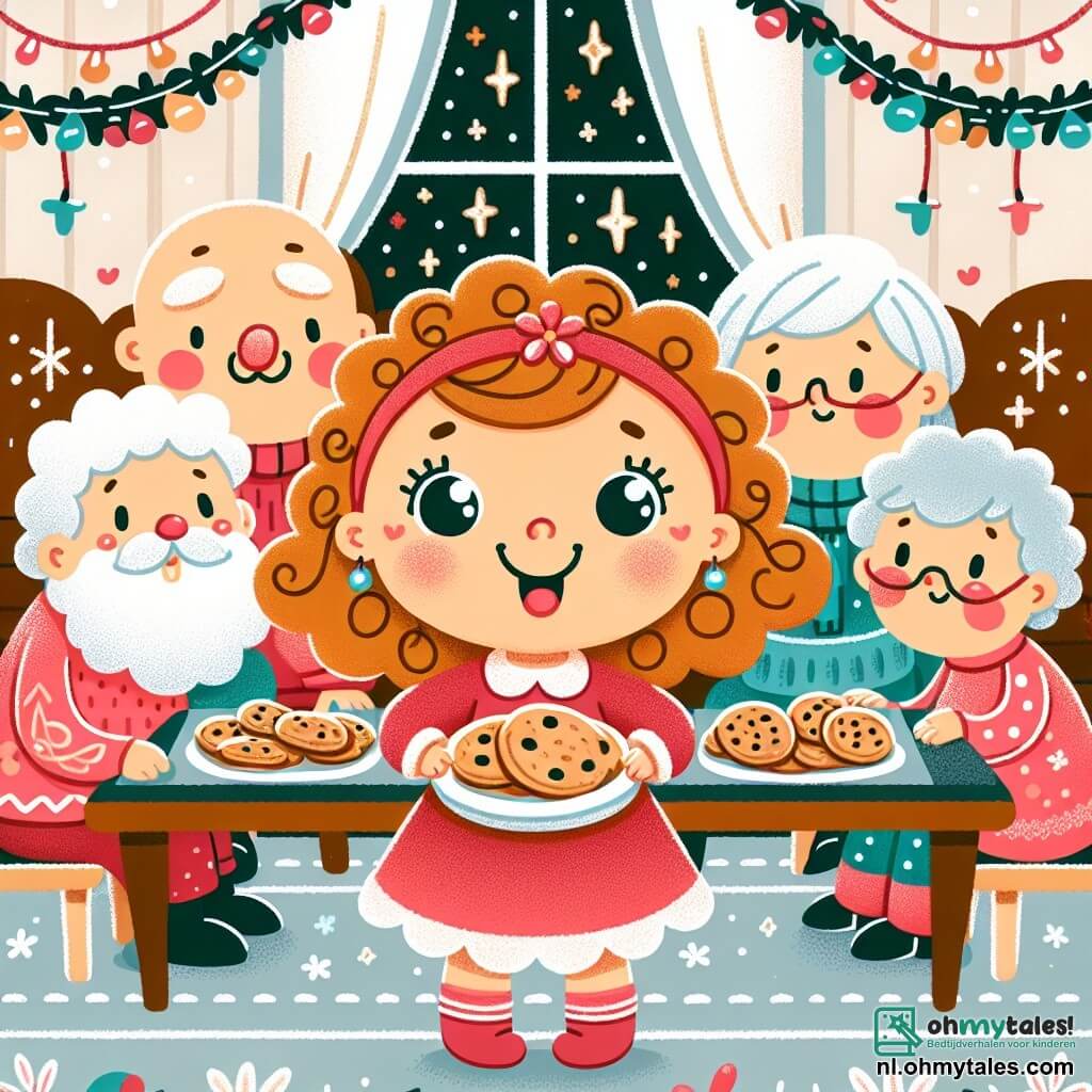 Une illustration sous forme de dessin destinée aux enfants représentant un chaleureux salon décoré pour Noël, avec une petite fille de 3 ans aux cheveux bouclés et aux yeux pétillants, vêtue d'une robe rouge, en train de sourire joyeusement tout en tenant une grande assiette de biscuits fraîchement cuits, entourée de plusieurs personnes âgées aux visages souriants et bienveillants, assis autour d'une table festive ornée de guirlandes et de lumières scintillantes, créant une atmosphère de partage et de bonheur pendant la célébration de Noël.