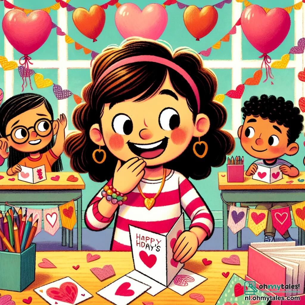 Une illustration sous forme de dessin destinée aux enfants représentant une salle de classe colorée et joyeusement décorée pour la Saint-Valentin, avec des ballons en forme de cœur et des guirlandes en papier, où une fille de 11 ans aux cheveux courts et bouclés, portant un t-shirt à rayures, sourit en tenant une carte de vœux mystérieuse, tandis qu'un garçon aux lunettes et une fille aux cheveux longs et lisses, tous deux de son âge, l'observent avec curiosité et enthousiasme, alors qu'ils participent à une activité de création de cartes pour célébrer l'amitié et l'amour.