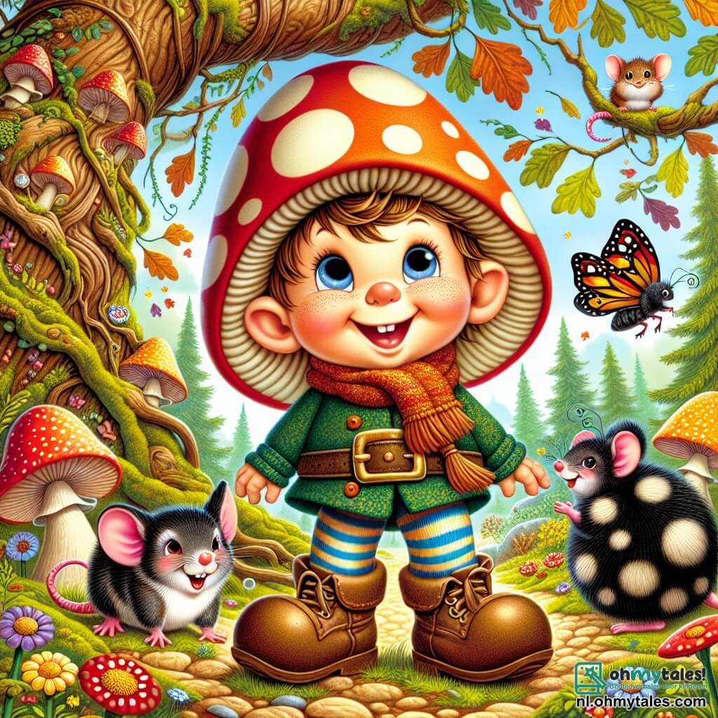 Une illustration destinée aux enfants représentant un lutin espiègle au sourire éclatant, avec une grande casquette en forme de champignon et des chaussettes rayées qui dépassent de ses petites bottes en cuir, se tenant au milieu d'une clairière enchantée du Lachenbos, où les arbres aux troncs tordus et aux feuilles multicolores dansent au gré du vent, entouré de ses amis, une petite souris malicieuse au pelage soyeux et une coccinelle pétillante aux points noirs brillants, tous trois en quête d'une mystérieuse et délicieuse cachette de bonbons cachée sous un grand chêne noueux, tandis que des éclats de rire et des éclairs de magie flottent dans l'air parfumé de fleurs sucrées.