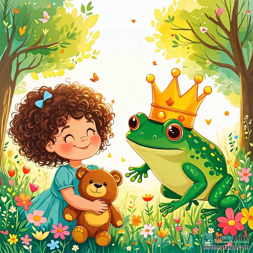 Une illustration sous forme de dessin destinée aux enfants représentant un jardin ensoleillé rempli de fleurs colorées et d'arbres verdoyants, avec une petite fille de 2 ans aux grands yeux brillants et aux cheveux bouclés, souriant joyeusement tout en tenant un ours en peluche, à côté d'une grande grenouille verte avec une couronne dorée sur la tête, qui saute de joie, alors qu'ils cherchent ensemble la couronne perdue dans l'herbe, créant une atmosphère de magie et d'amitié.