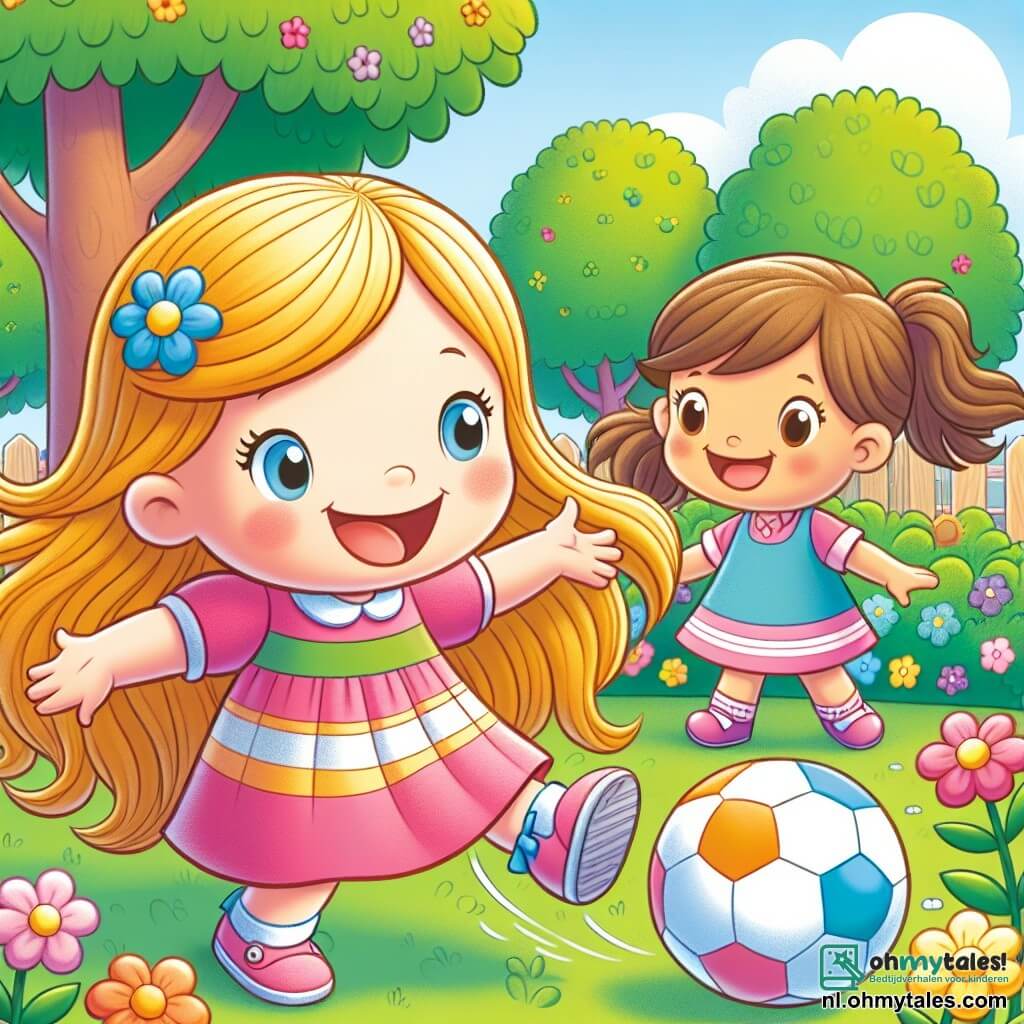 Une illustration sous forme de dessin destinée aux enfants représentant un parc ensoleillé avec des arbres verdoyants et des fleurs colorées, où une fille de 5 ans aux longs cheveux dorés et à la robe rose joue joyeusement avec une balle, entourée de son amie, une autre fille de 5 ans aux cheveux bruns et à la robe bleue, tandis qu'elles rient ensemble, illustrant l'importance de jouer dehors plutôt que de passer du temps devant un écran.