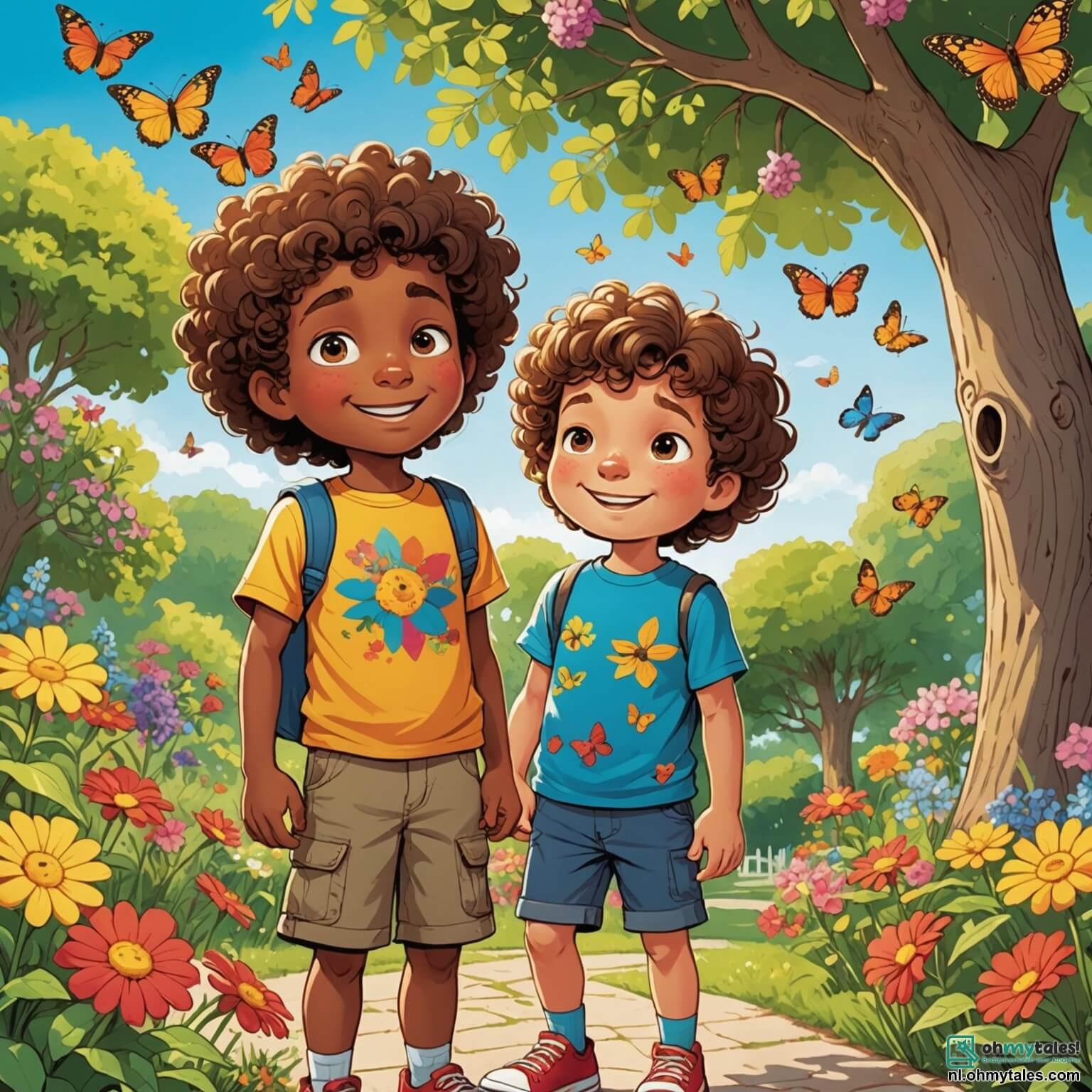 Une illustration destinée aux enfants représentant un petit garçon aux cheveux bouclés et aux yeux pétillants, vêtu d'un t-shirt coloré et de shorts, s'émerveillant dans une jardin ensoleillé rempli de fleurs éclatantes aux couleurs vives, de papillons virevoltants et d'une grande arbre majestueux offrant de l'ombre, tandis qu'il est accompagné de son ami, un autre petit garçon aux cheveux bruns et aux joues roses, tous deux s'affairant joyeusement à arroser des graines de fleurs qu'ils ont plantées ensemble, tout en discutant de l'importance de prendre soin de la nature et de protéger leur environnement.