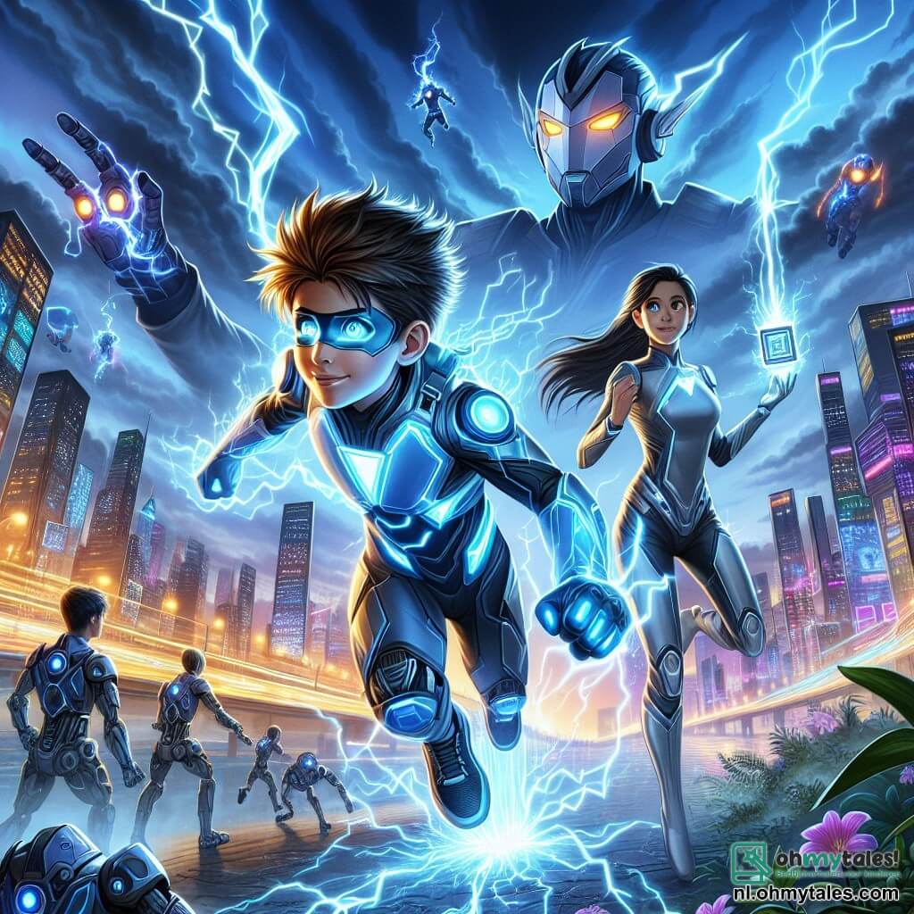 Illustratie die een dynamische scène in een futuristische stad weergeeft, waar glinsterende wolkenkrabbers met neonlichten de nacht verlichten. Op de voorgrond zweeft een jonge man met rommelig bruin haar en sprankelende ogen in een futuristisch blauw en zilver kostuum dat het licht weerkaatst, wat zijn vermogen om elektriciteit te manipuleren symboliseert. Hij vliegt door de lucht met uitgestrekte armen, omringd door trilling van energie. Naast hem staat een meisje van ongeveer 12 jaar met lang zwart haar, gekleed in een zilveren superheldenpak, dat met bewondering toekijkt. Ze heeft een vastberaden blik en houdt een klein technologisch apparaat in haar handen, klaar om te helpen. Op de achtergrond naderen dreigende robots met hoekige vormen en felrode ogen een gebouw in de stad, wat een gespannen sfeer creëert. Vonken van energie spatten rond de held, wat zijn kracht in actie illustreert, terwijl donkere wolken zich boven hem verzamelen, wat het naderende gevaar symboliseert. De hele scène straalt een gevoel van avontuur en moed uit, en vangt de essentie van een strijd tussen goed en kwaad in een wereld van superhelden.