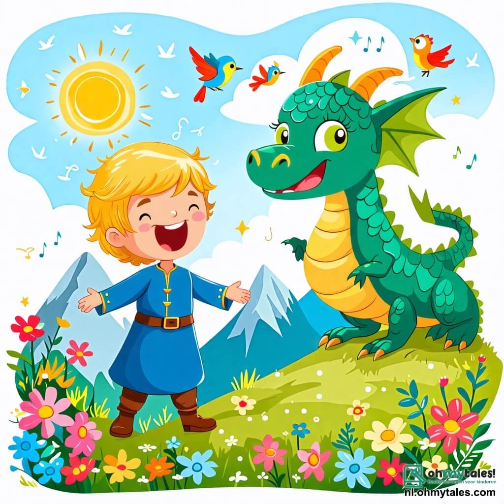 Une illustration sous forme de dessin destinée aux enfants représentant un magnifique paysage de montagne avec des fleurs colorées et des oiseaux chantants, où un prince aux cheveux dorés et au sourire éclatant, vêtu d'une tunique bleue, se tient joyeusement au sommet d'une colline, entouré d'un dragon rigolo aux écailles vertes et aux yeux pétillants, qui rit en lui posant des énigmes, tandis qu'en arrière-plan, le ciel est illuminé par un soleil radieux, symbolisant l'amitié et l'aventure dans un royaume enchanté.
