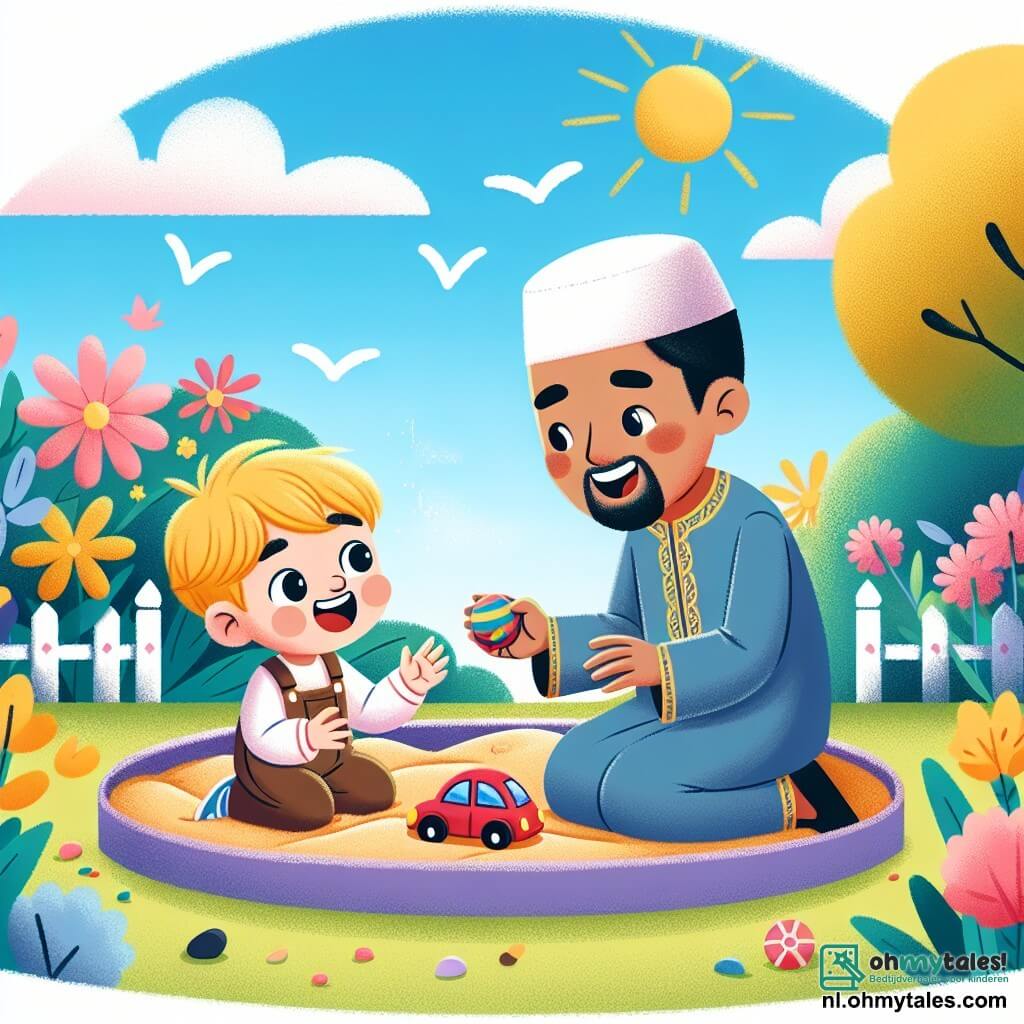 Illustration destinée aux enfants représentant un jardin ensoleillé, rempli de fleurs colorées et d'une grande sableuse où un petit garçon de 3 ans, avec des cheveux blonds et des yeux pétillants, joue joyeusement avec une petite voiture rouge. À ses côtés se trouve un homme d'origine asiatique, grand et souriant, qui l'encourage tout en tenant une balle dans ses mains. Ils sont tous deux en train de rire et de s'amuser, illustrant un moment de partage et d'amitié, symbolisant la tolérance entre cultures. Le ciel est bleu et dégagé, et des oiseaux volent au-dessus d'eux, ajoutant une touche de joie à cette scène chaleureuse.