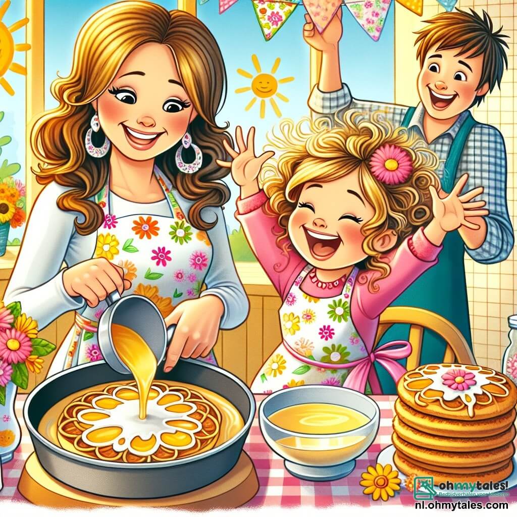Une illustration sous forme de dessin destinée aux enfants représentant une cuisine ensoleillée et colorée, où une fille de 7 ans aux cheveux bouclés et blonds, portant un tablier à motifs de fleurs, s'active joyeusement à préparer des pannenkoeken avec sa maman, une femme souriante aux cheveux châtains, qui l'aide en versant la pâte dans une poêle, tandis qu'une table décorée de fleurs et de pannenkoeken attend le papa, qui arrive avec un grand sourire, prêt à être surpris pour la fête des pères.