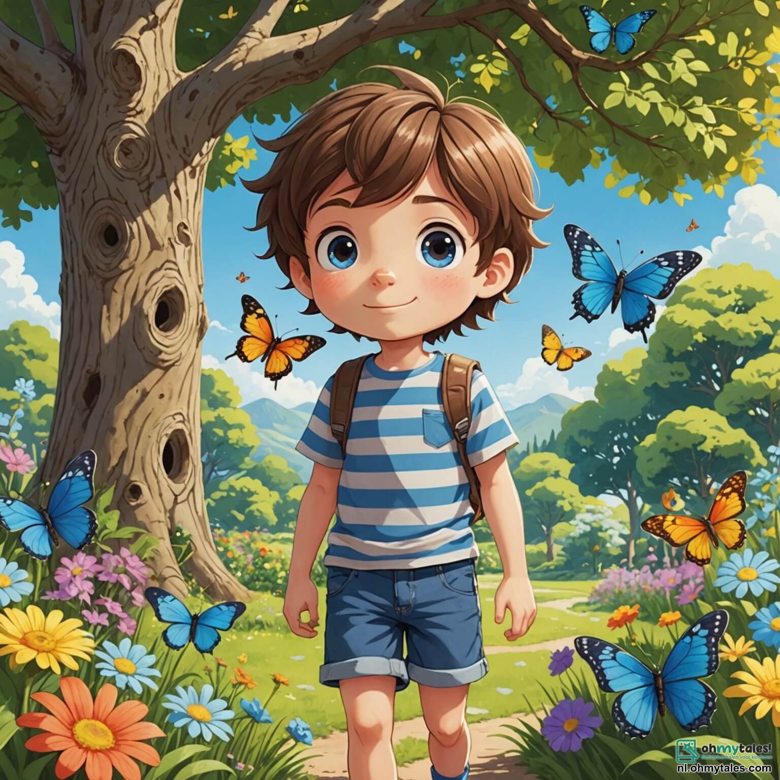 Une illustration destinée aux enfants représentant un petit garçon aux cheveux châtains ébouriffés, vêtu d'un t-shirt rayé et d'un short bleu, scrutant avec des yeux pétillants de curiosité un jardin ensoleillé rempli de fleurs colorées, de papillons virevoltants et d'un grand chêne majestueux, alors qu'il se lance dans une enquête palpitante pour retrouver sa précieuse peluche disparue, accompagné de sa meilleure amie, une petite fille aux couettes dorées et au sourire espiègle, qui l'encourage avec enthousiasme à explorer chaque recoin de cet endroit magique, où les rires des enfants se mêlent aux chants des oiseaux et où l'aventure les attend à chaque tournant.