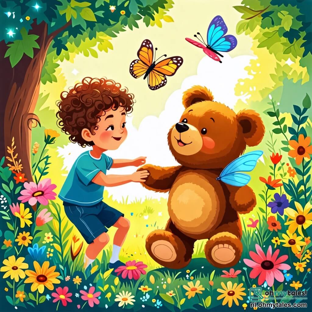 Une illustration sous forme de dessin destinée aux enfants représentant un jardin ensoleillé rempli de fleurs colorées et d'arbres verdoyants, où un petit garçon de 2 ans aux cheveux bouclés et aux yeux pétillants danse joyeusement avec sa grande teddy bear douce et souriante, tandis qu'une magnifique vlinder aux ailes multicolores virevolte autour d'eux, créant une ambiance de magie et de bonheur partagé.