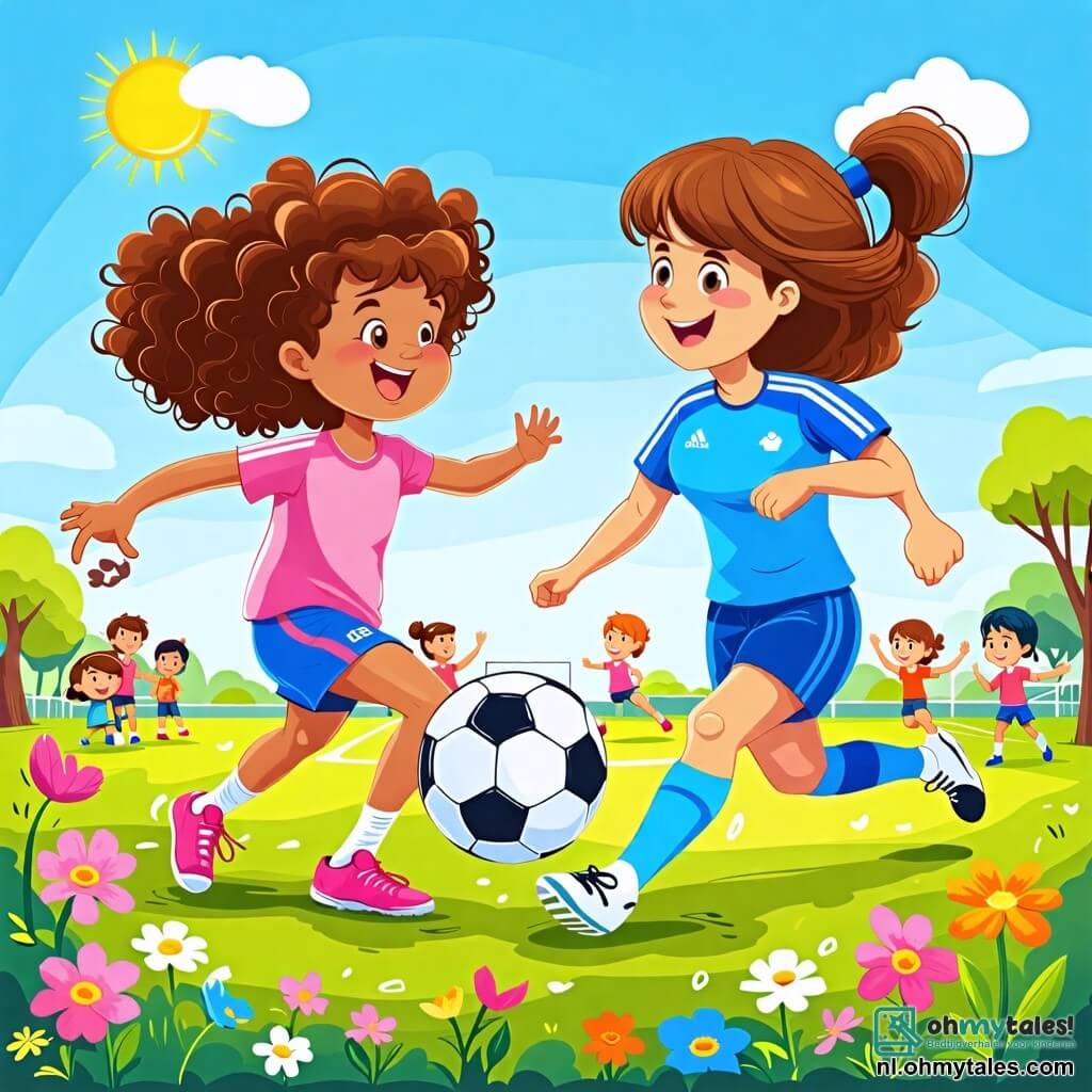 Une illustration sous forme de dessin destinée aux enfants représentant un terrain de football verdoyant sous un ciel bleu ensoleillé, avec une jeune fille aux cheveux bruns et bouclés, vêtue d'un maillot de football rose, dribblant joyeusement un ballon, tandis qu'une femme athlétique avec des cheveux courts et un sourire encourageant, portant un maillot de foot bleu, lui montre comment bien jouer, le tout entouré de fleurs colorées et d'un groupe d'enfants qui applaudissent et s'amusent en arrière-plan.