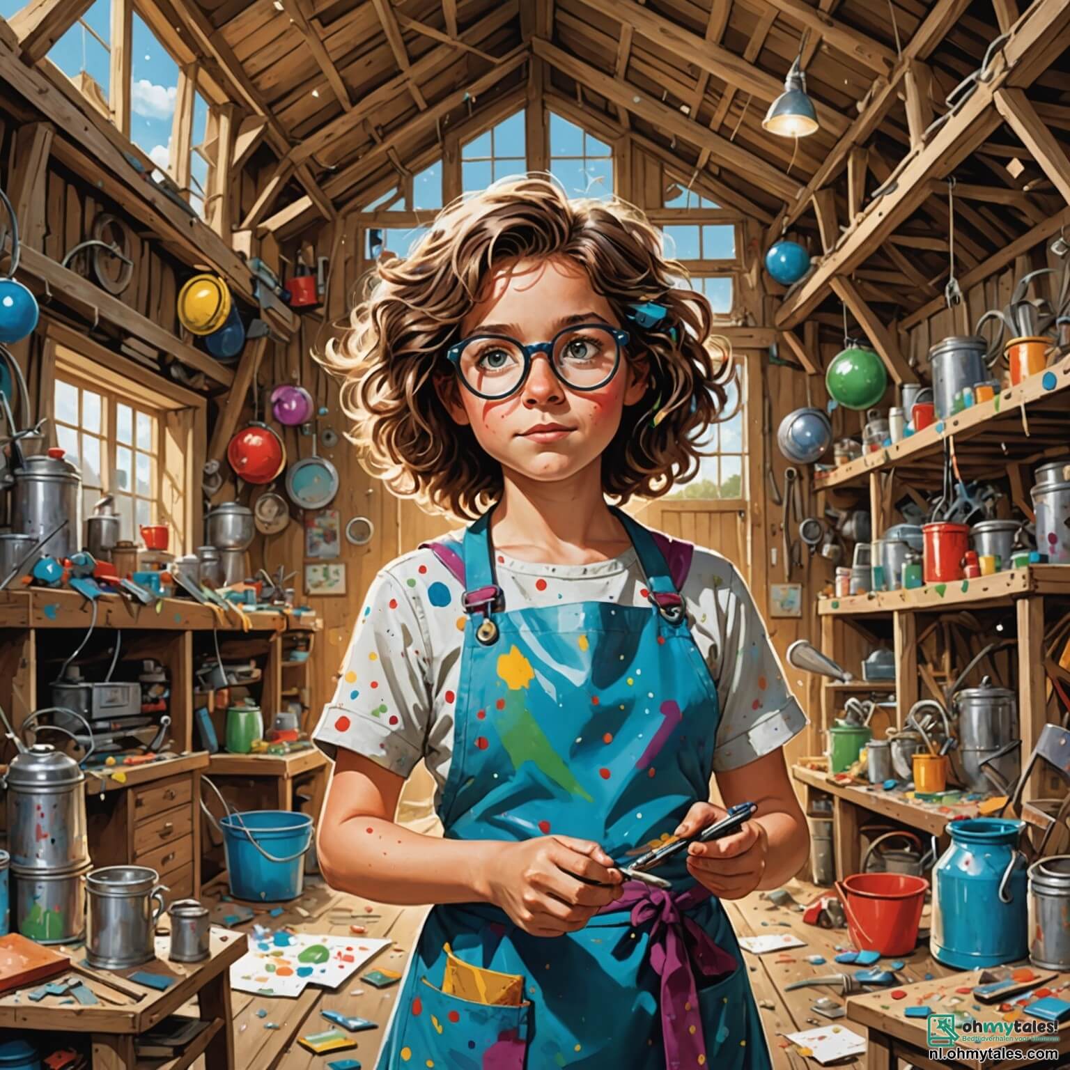 Une illustration destinée aux enfants représentant une femme aux cheveux ébouriffés et aux lunettes rondes, vêtue d'un tablier coloré plein de taches de peinture, se tenant au milieu d'une vaste et chaotique grange remplie de machines scintillantes, de plans éparpillés et d'outils suspendus, tandis qu'elle explique avec enthousiasme ses inventions à deux enfants, une fille aux yeux pétillants et un garçon curieux, qui l'écoutent avec admiration, captivés par l'atmosphère magique de créativité et d'imagination qui règne dans cet endroit où chaque recoin semble murmurer des histoires de découvertes et de rêves à réaliser.