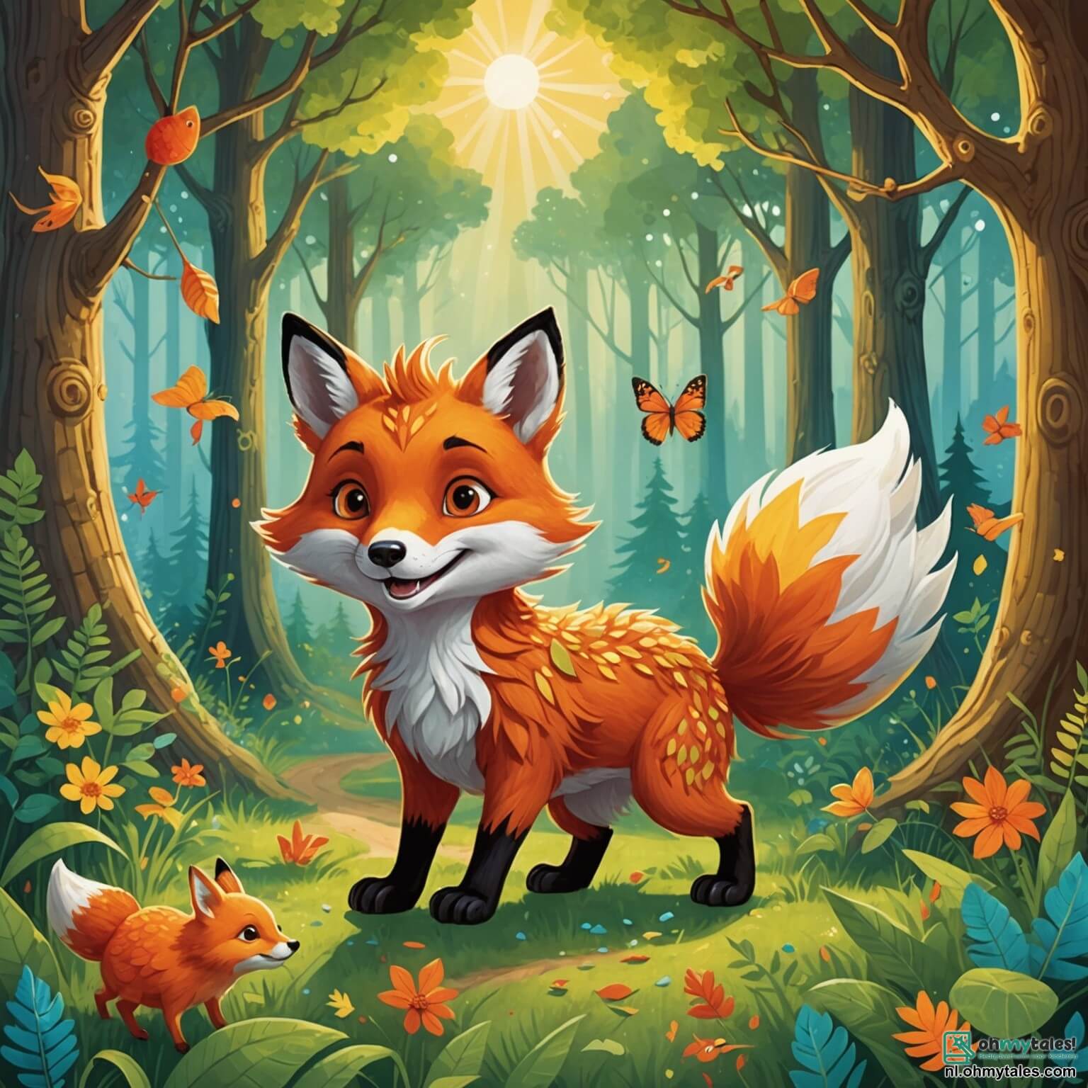 Une illustration destinée aux enfants représentant un renard espiègle à la fourrure flamboyante, aux yeux pétillants de malice, se faufilant avec agilité entre les arbres d'une forêt enchantée, où les rayons du soleil dansent à travers le feuillage verdoyant, tandis qu'il s'apprête à organiser une fête surprise pour son ami l'ours, entouré de ses fidèles compagnons, une tortue sage au pas lent et un coq énergique aux plumes éclatantes, tous réunis dans un coin ensoleillé, décoré de fleurs colorées et de guirlandes de feuilles, où l'odeur alléchante d'une énorme tarte aux baies embaume l'air.