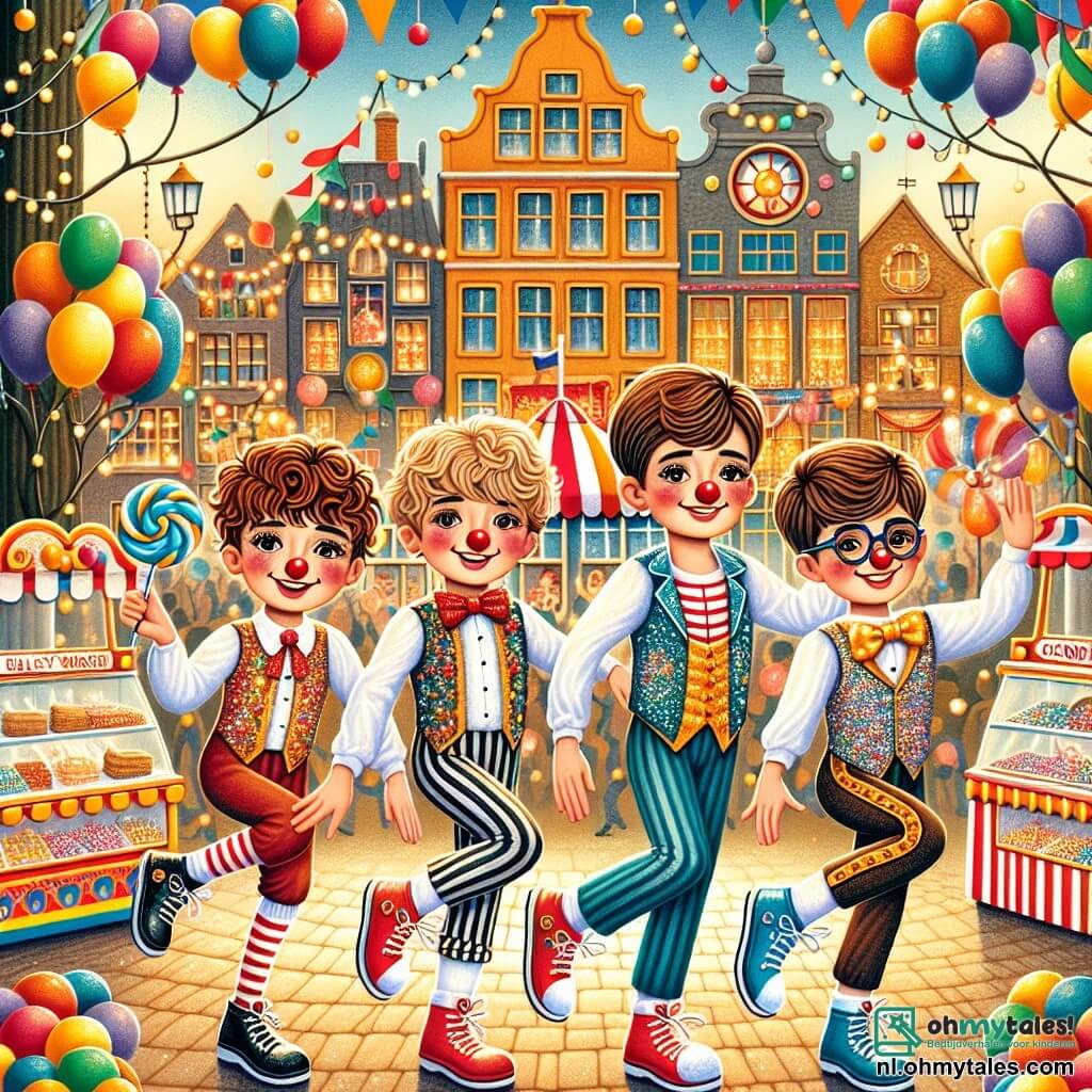 Illustratie die een levendige scène van een carnaval in een drukke stad weergeeft. De locatie is een groot plein, vol met heldere kleuren: ballonnen zweven in de lucht, lichtslingers versieren de bomen en snoepkraampjes trekken kinderen aan met hun lekkernijen. In het midden van de afbeelding staan vier jongens van 12 jaar op de boeg van een praalwagen. Een van hen, met bruin, krullend haar, draagt een kleurrijk clownkostuum met een grote rode schoen en een plastic neus. Naast hem voert een jongen met blond, kort haar, gekleed in een glinsterende acrobatenoutfit, een pirouette uit met een grote glimlach. Een andere jongen, met kastanjebruin, steil haar, jongleert met kleurrijke ballen, terwijl de laatste, met een bril en een zwarte cape, doet alsof hij een konijn uit zijn hoed trekt. De hoofdscène toont de jongens tijdens hun optreden, omringd door een blije menigte die applaudisseert en lacht. Kinderen dansen om hen heen, en confetti vliegt door de lucht, wat bijdraagt aan de feestelijke sfeer. Op de achtergrond kijken glimlachende volwassenen naar de scène, wat een sfeer van kameraadschap en geluk creëert.