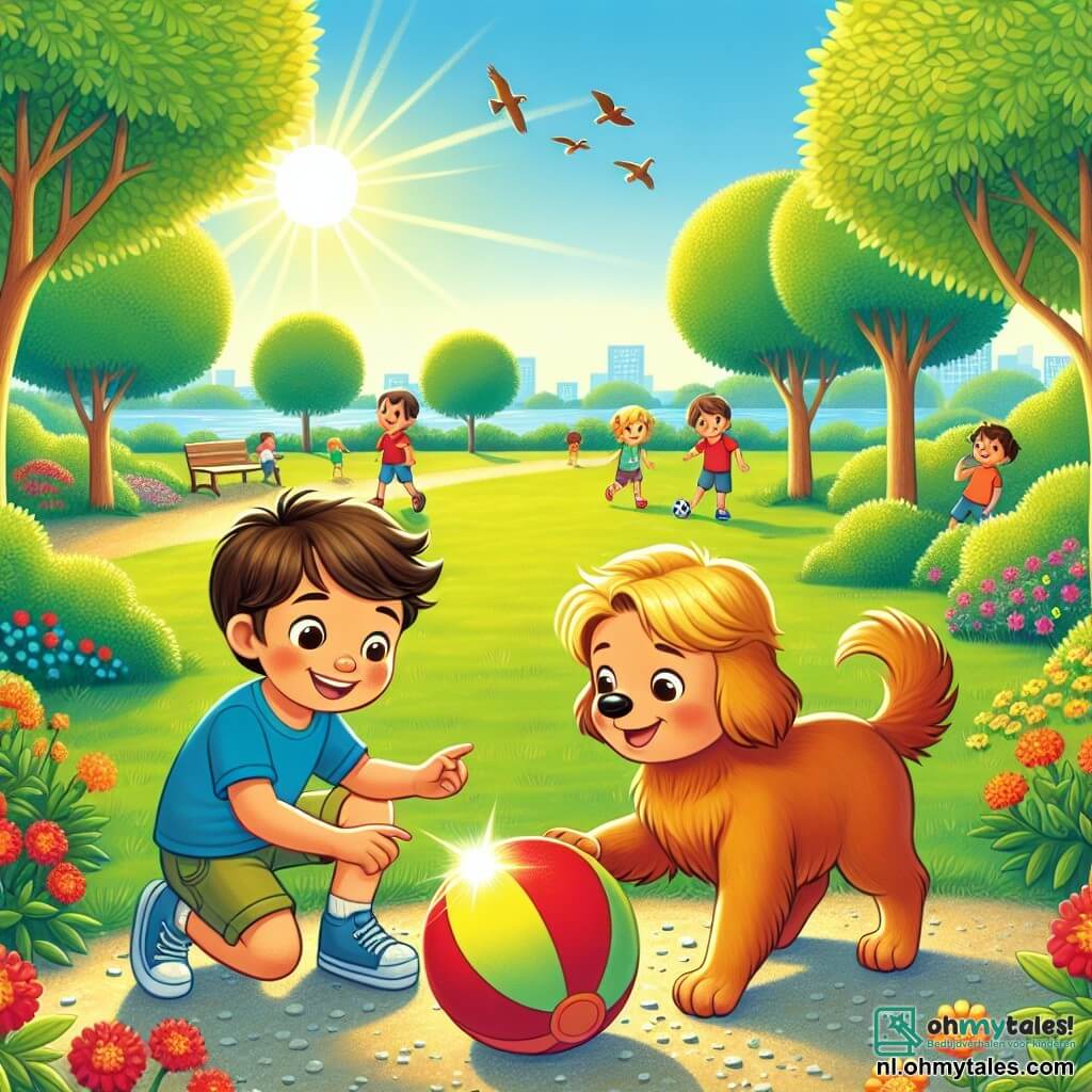 Illustratie van een groot en zonnig park met een uitgestrekt groen gebied, bomen met helder groene bladeren en een grindpad dat door kleurrijke bloemen slingert. In het midden schittert een grote rode bal in de zon, wat de aandacht van de kinderen trekt. Twee kleine vrienden, een 6-jarig jongetje met rommelig bruin haar en een blauwe t-shirt, en een ander 6-jarig jongetje met blond haar en een gele short, zitten geknield bij de bal. De eerste wijst nieuwsgierig naar de bal, terwijl de tweede met een ondeugende glimlach naar een hond kijkt die dichterbij komt. De hond, een schattige golden retriever, heeft een gouden vacht en sprankelende ogen van vreugde. Hij nadert de bal, snuffelt er enthousiast aan en is klaar om te spelen. Op de achtergrond spelen en lachen kinderen, en vogels vliegen in de blauwe lucht. De sfeer is vrolijk en vol avontuur, en vangt de geest van een zomerse dag waarin vriendschap en nieuwsgierigheid leiden tot nieuwe ontdekkingen.