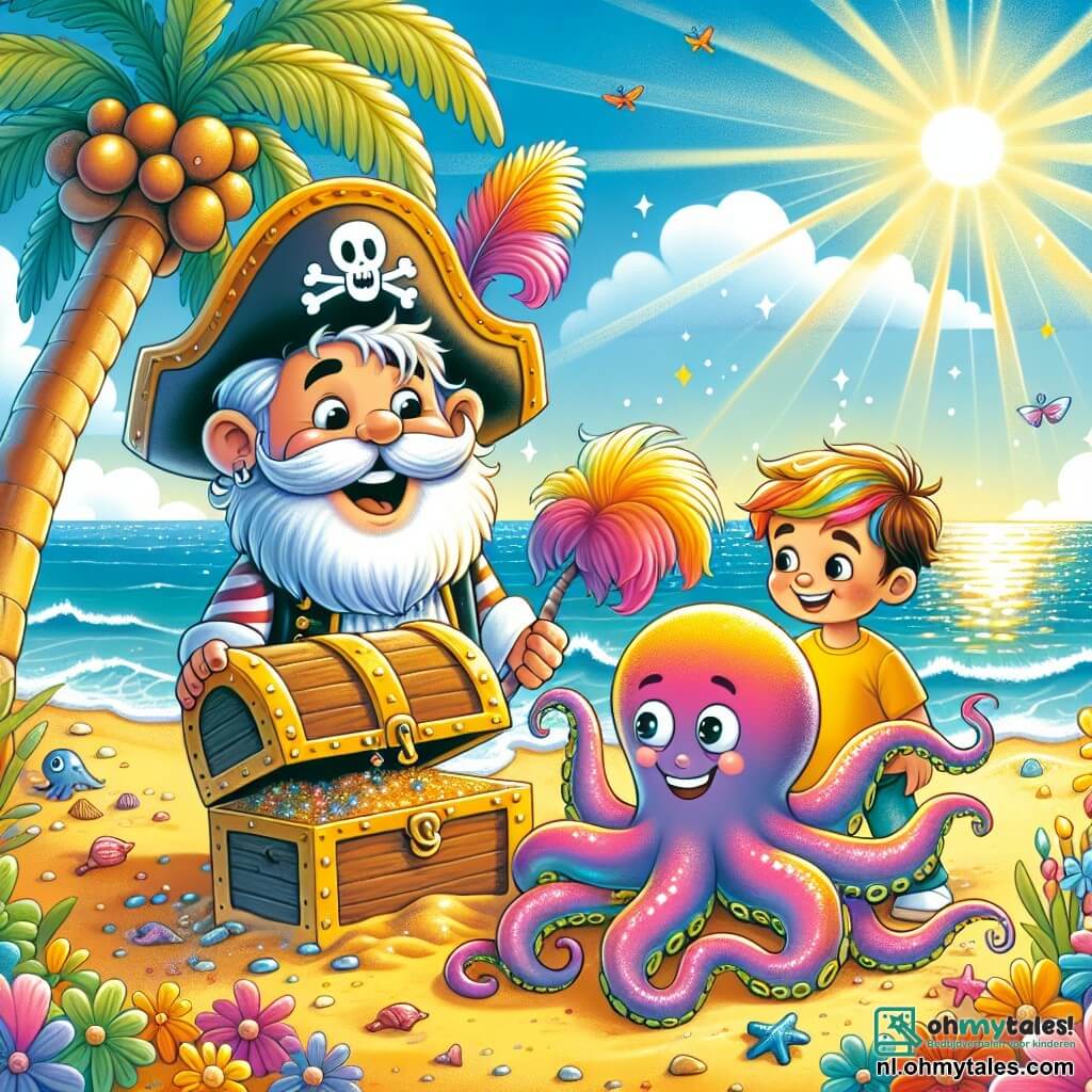 Une illustration sous forme de dessin destinée aux enfants représentant une scène ensoleillée sur une plage de sable doré, où un homme pirate à la barbe blanche et à la grande hat avec une plume, souriant joyeusement, se tient aux côtés d'un jeune garçon aux cheveux colorés, un papagaï, qui regarde avec émerveillement une grande octopus amicale aux tentacules colorés, alors qu'ils découvrent ensemble une vieille coffre au trésor enfouie sous un palmier, entourés de fleurs éclatantes et d'une mer scintillante à l'horizon.