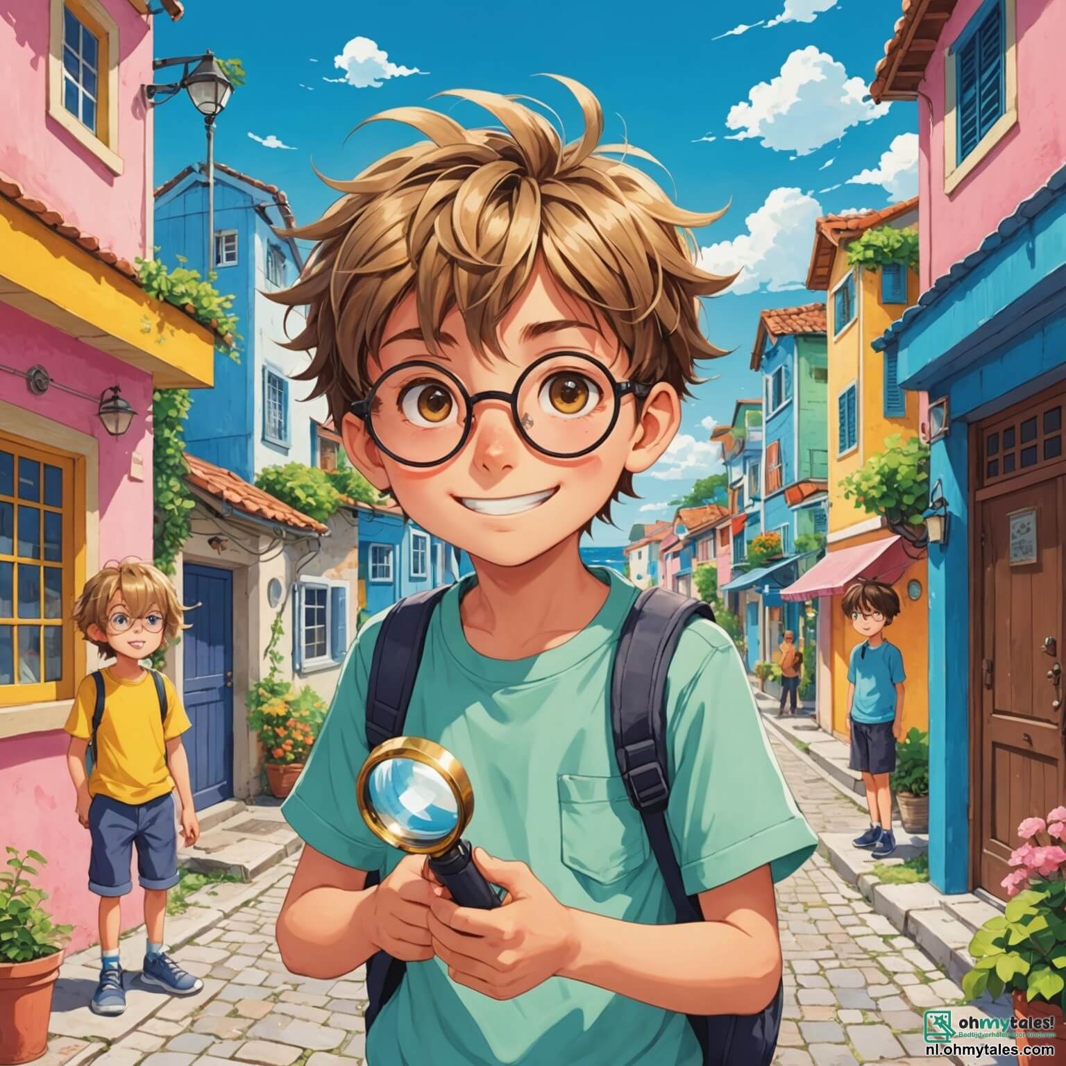 Une illustration destinée aux enfants représentant un garçon intrépide aux cheveux en bataille, armé d'une loupe scintillante, scrutant avec détermination les ruelles colorées d'un petit village côtier où les maisons aux façades pastel se dressent comme des bonbons, tandis qu'il est entouré de ses fidèles amis, une fille souriante aux tresses dorées et un garçon aux lunettes rondes, tous trois plongés dans une enquête palpitante pour retrouver une haring disparue, au cœur d'une ambiance festive où les cris joyeux des enfants se mêlent aux odeurs de poisson grillé et aux rires des pêcheurs sur le vieux port.
