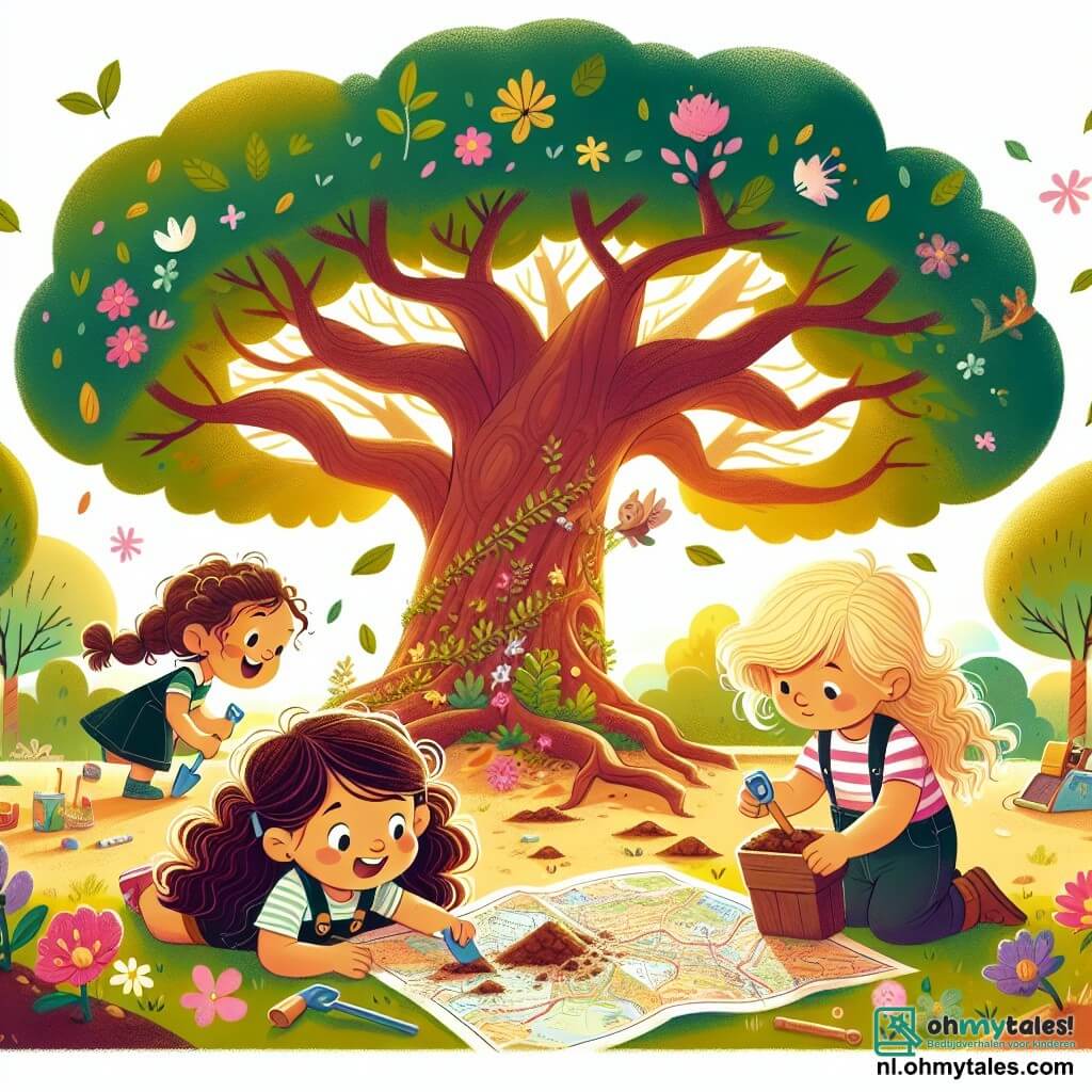 Une illustration sous forme de dessin destinée aux enfants représentant un grand arbre majestueux dans un parc ensoleillé, avec un groupe de trois enfants de trois ans : une petite fille aux cheveux bruns et bouclés, en train de fouiller avec enthousiasme dans la terre, une autre petite fille aux longs cheveux tressés, souriante et tenant une pelle en plastique, et un petit garçon aux cheveux blonds, portant un t-shirt rayé, qui observe avec curiosité une vieille carte, tandis qu'autour d'eux, des fleurs colorées et des feuilles tombent doucement, créant une ambiance magique d'aventure et de découverte.