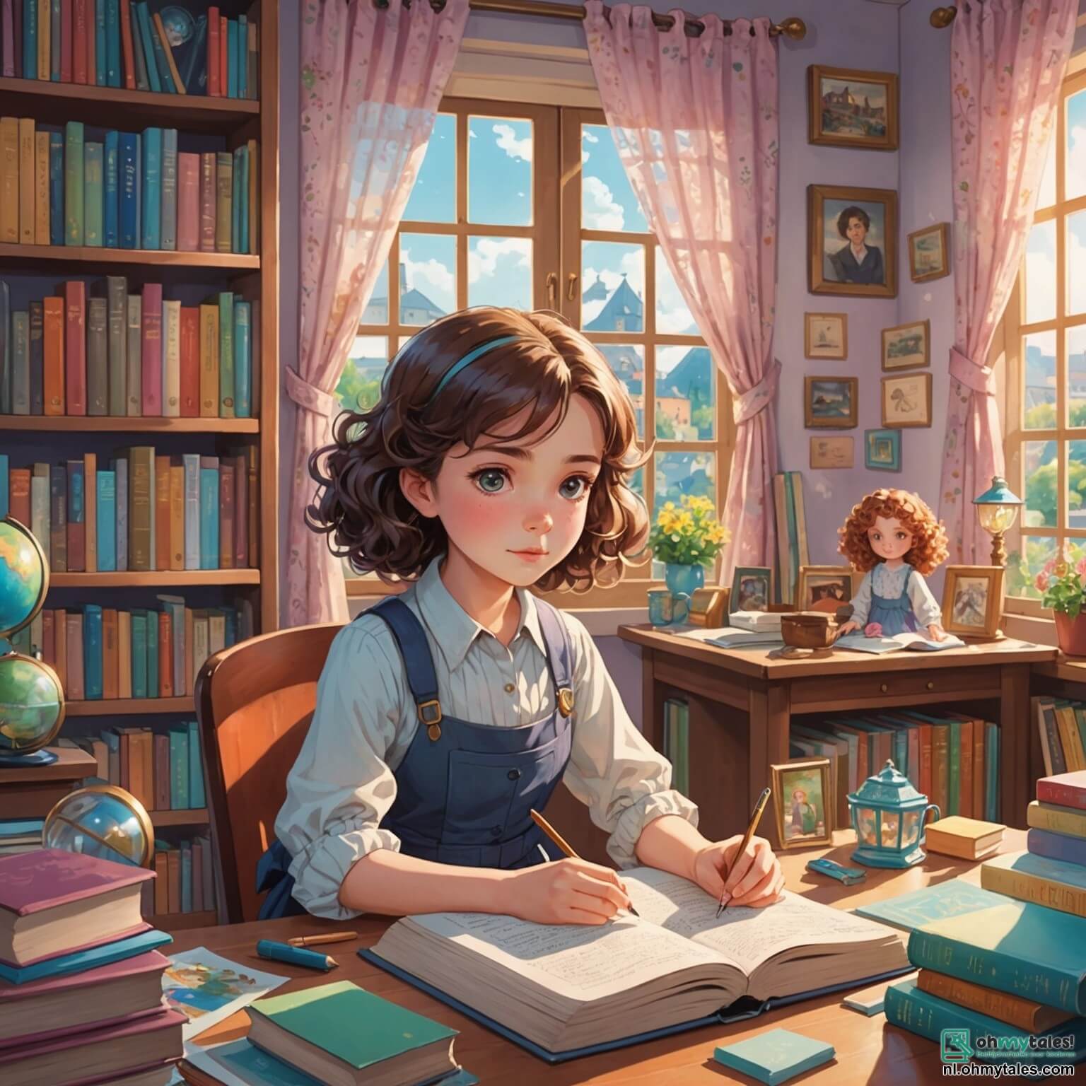 Une illustration destinée aux enfants représentant une femme détective au regard pétillant et déterminé, entourée de livres aux couvertures colorées et de mystérieux objets dans son bureau chaleureux, où les rayons du soleil filtrent à travers les rideaux en dentelle, tandis qu'elle aide une petite fille aux cheveux bouclés et aux yeux brillants, qui pleure la disparition de ses adorables poppettes, dans un charmant village rempli de maisons aux façades pastel et de jardins fleuris, où chaque coin de rue semble receler un secret à découvrir.