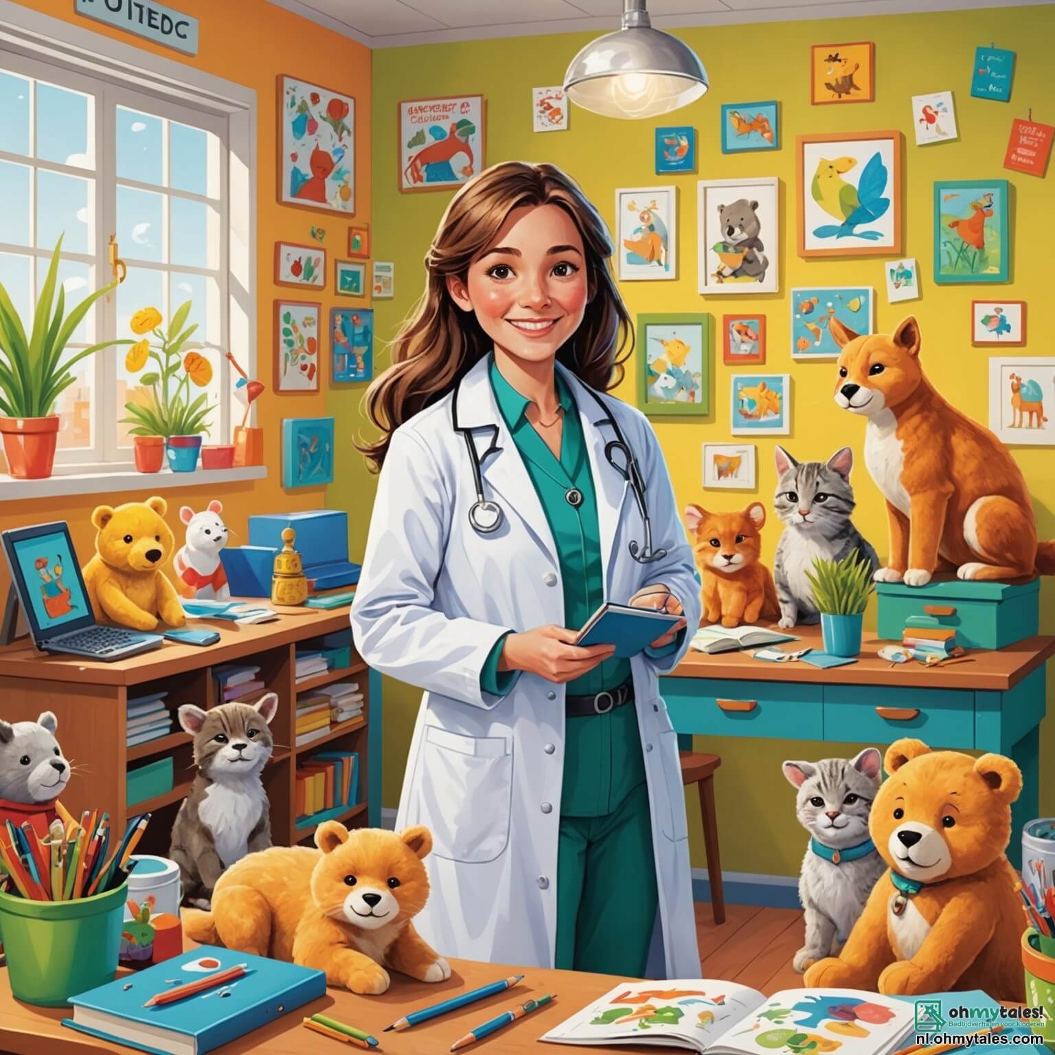 Une illustration destinée aux enfants représentant une femme médecin au sourire chaleureux, vêtue d'une grande blouse blanche parfumée à la citronnelle, entourée de ses jeunes patients, des enfants aux yeux pétillants de curiosité et d'excitation, dans un cabinet coloré à la décoration joyeuse, où les murs sont ornés de dessins d'animaux malades et de posters éducatifs, avec une grande table en bois remplie de peluches et d'instruments médicaux, dans le charmant village de Gezondstad, où les fleurs multicolores dansent au gré du vent et où l'air frais embaume de promesses de santé et de bonheur.